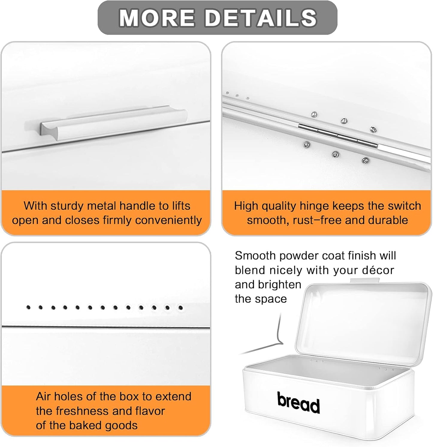Bread Box(16.5" X 9"), Teal Bread Bin for Kitchen Counter, Storage Loaf/Doughnut/Cake/Biscuit/Baked Goods, Smooth Surface &Sturdy Handle & Air Holes, White