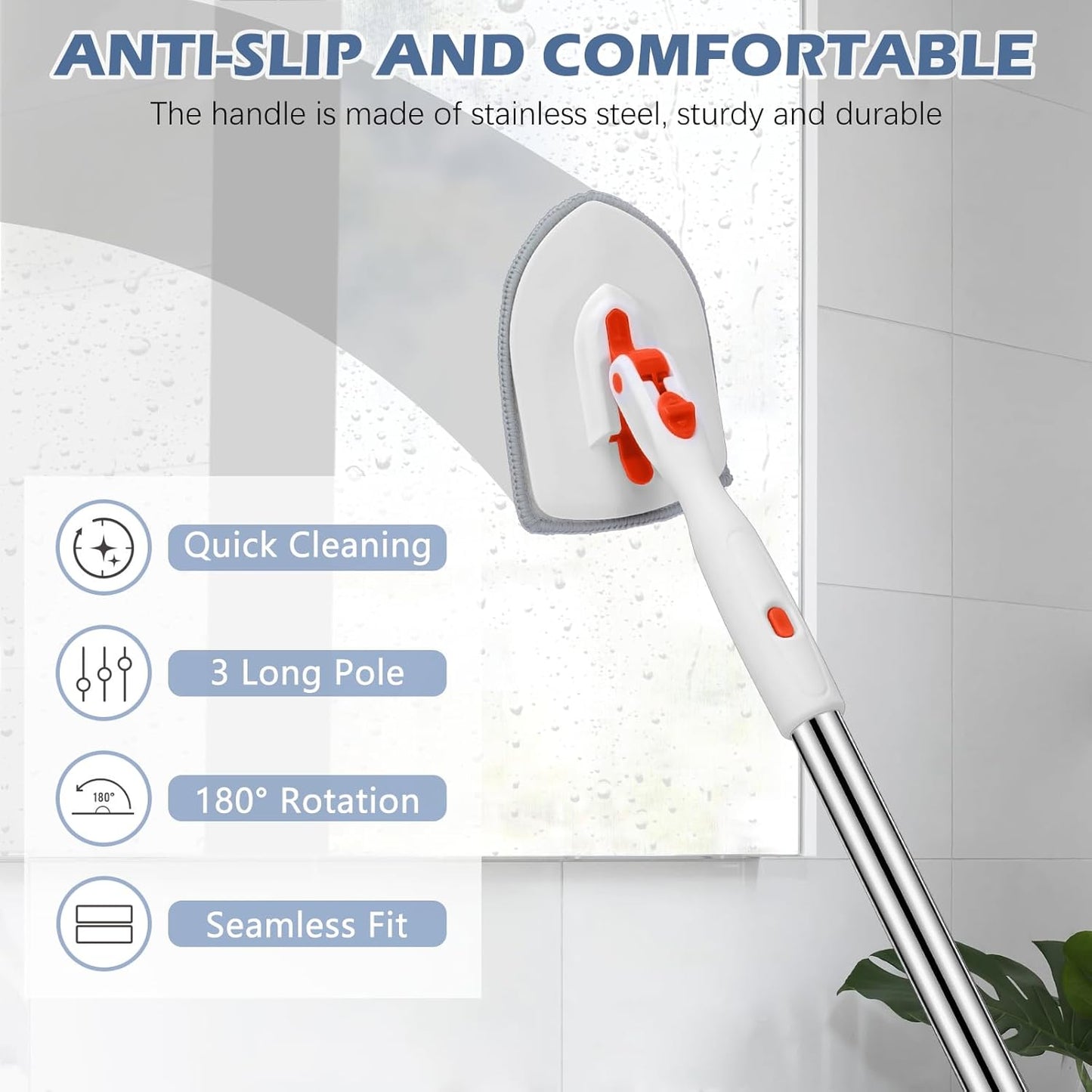 Floor Scrub Brush, 4-In-1 Tile Tub Floor Scrubber with Adjustable Long Handle Shower Cleaner Brush Comes with Window Scrubber for Cleaning Bathroom Kitchen Walls Tub Tile, Orange