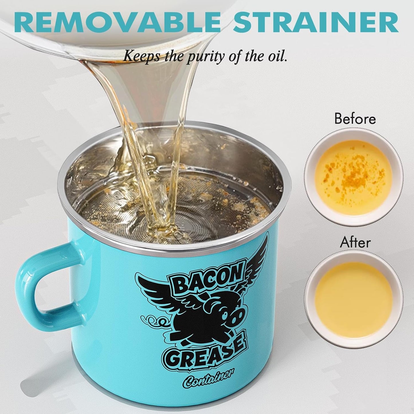 Mini Bacon Grease Container with Strainer - 15OZ Farmhouse Enamel Grease Saver, Fat Storage for Kitchen, Dishwasher Safe-Light Blue