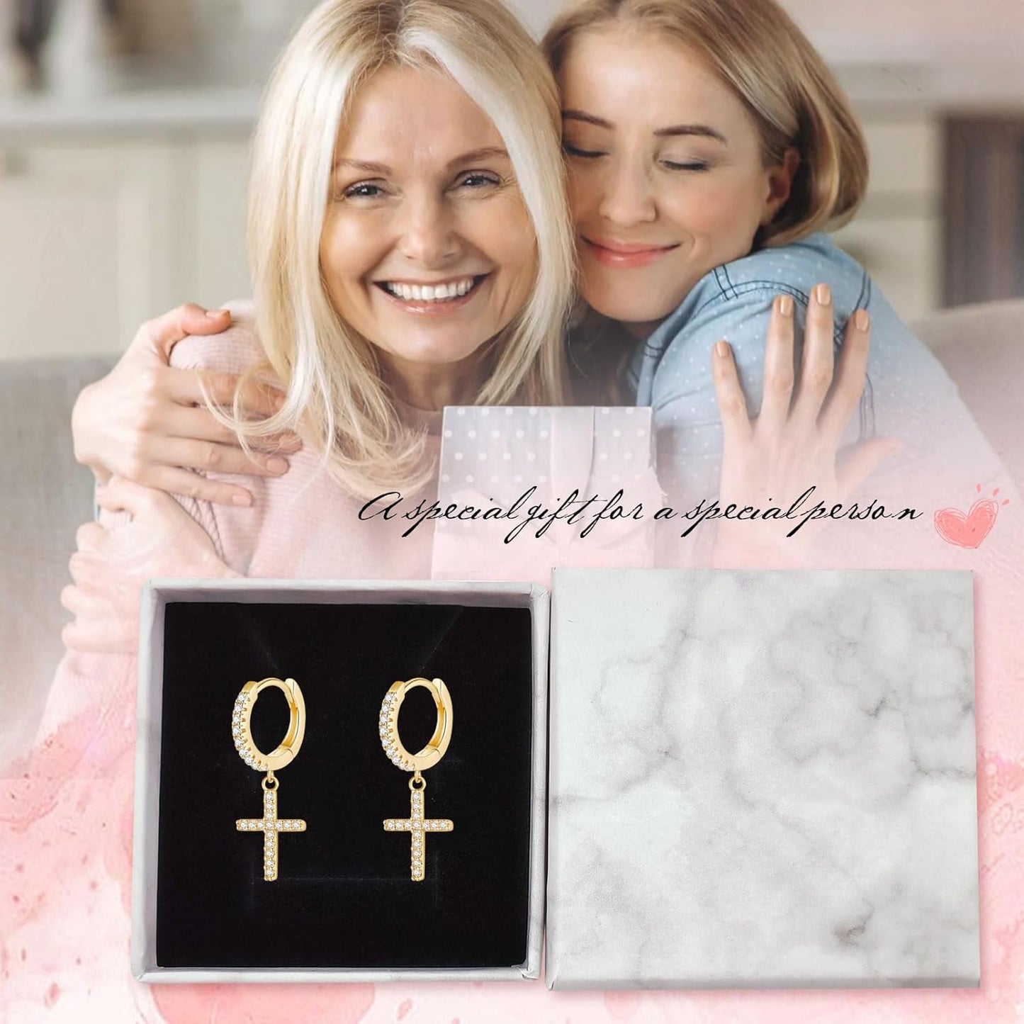 Mother'S Day Gold Hoop Earrings for Women 14K Gold Plated Huggie Hoop Earring Diamond Cut Cubic Zirconia Cross Earrings Hypoallergenic Dangle Earrings Jewelry Gift for Girls and Ladies (Cross-Gold)