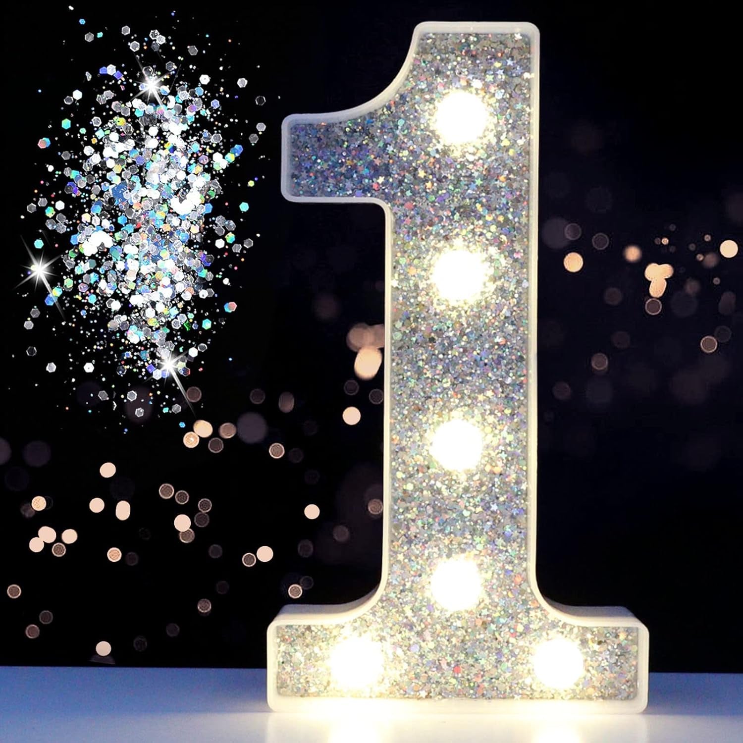 Marquee Numbers Lights, Light up Silver Numbers, Glitter Numbers Night Light Battery Powered for Christmas Wedding Home Bar Birthday Party Decoration, Silver Number 1