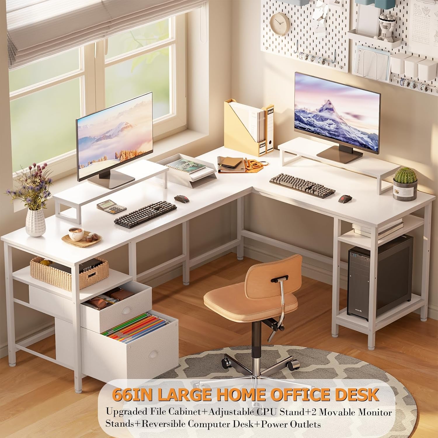 66” L Shaped Desk with Power Outlet, Reversible Computer Gaming Desk with File Drawer & 2 Monitor Stands for Home Office with Storage Shelves, White