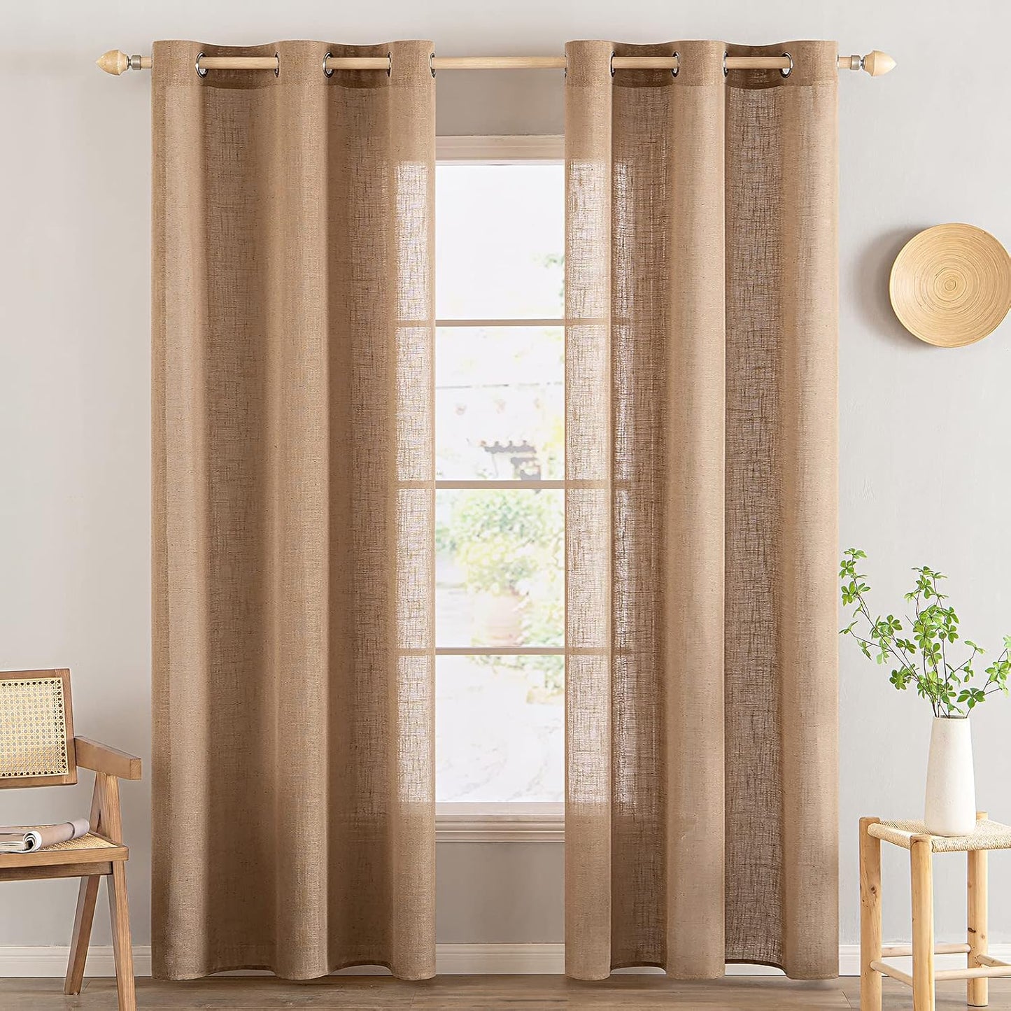 Brown Thick Linen Curtains 84 Inch Length for Bedroom Living Room, Linen Textured Window Drapes Semi Sheer Light Filtering Grommet Top Burlap Look, 2 Panels, Width 38 X Length 84 Inches