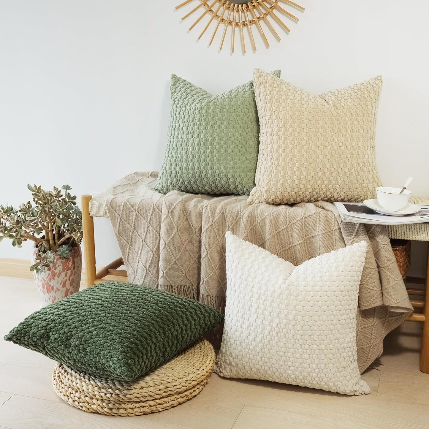 Pack of 4 Spring Decorative Throw Pillow Covers Farmhouse Boho Home Decor Striped Corduroy Square Pillowcases 18 X 18 Inch Green