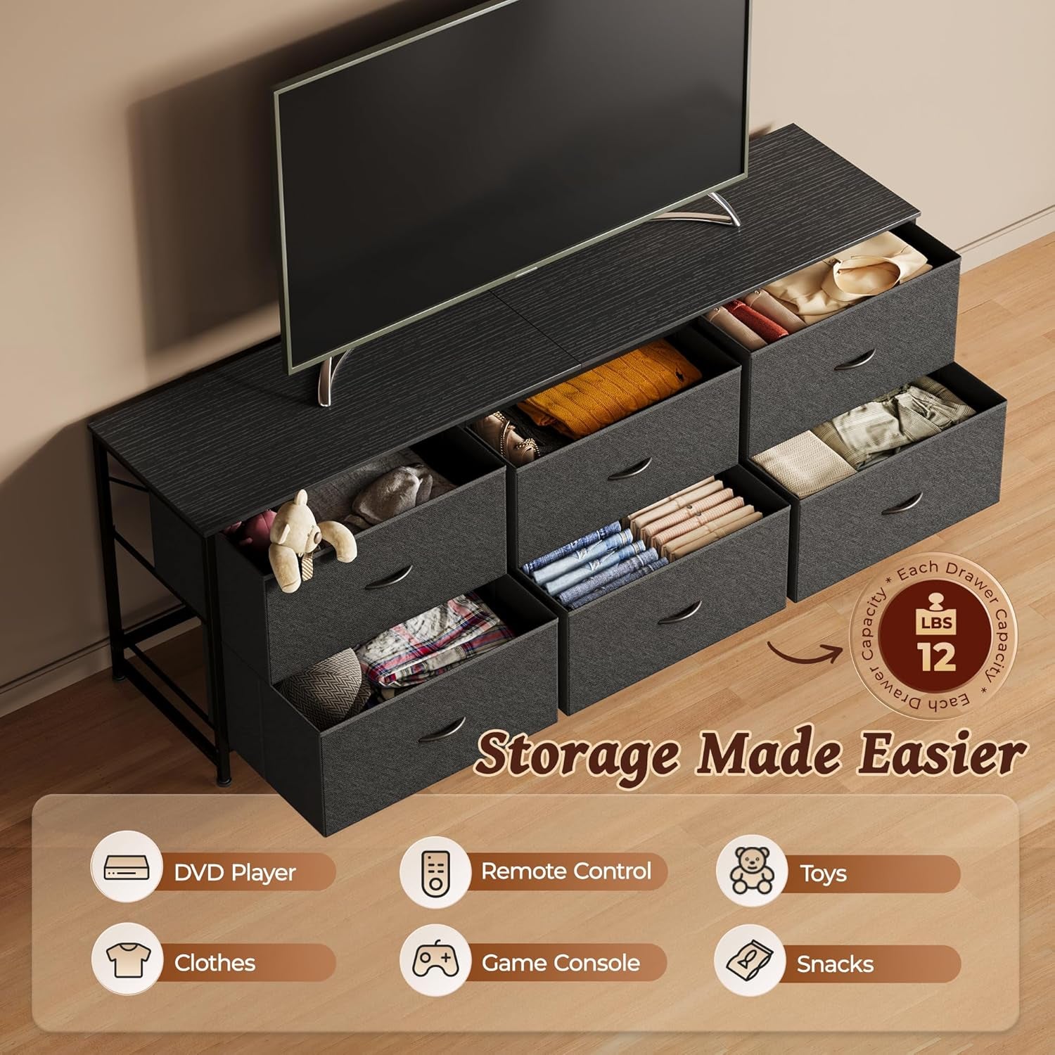 63-Inch Modern Dresser and TV Stand Combo, Suitable for 55 to 70 Inch TVs, 6-Drawer Storage Organizer with Fabric Drawers for Bedroom and Entryway, Black Finish