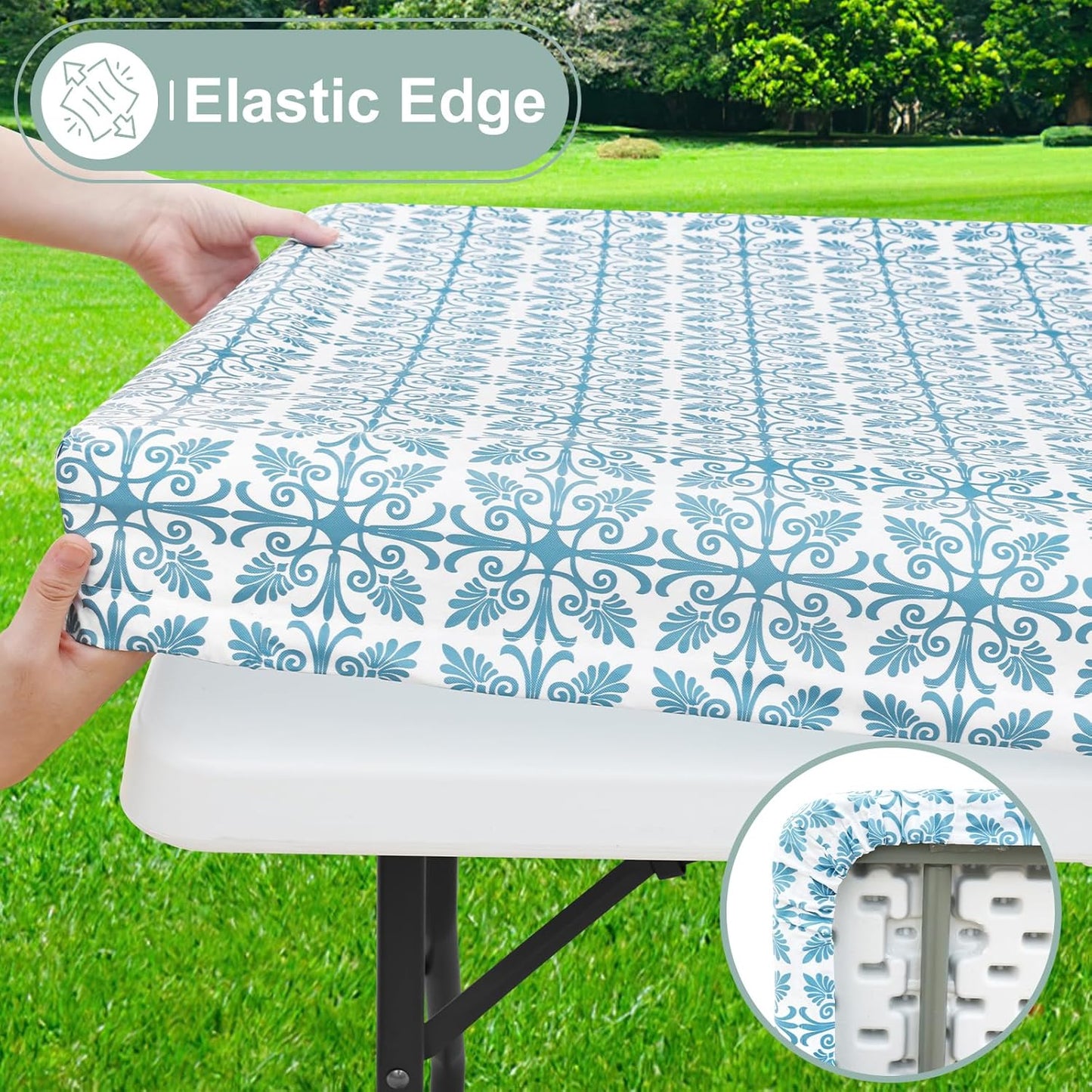 Rectangle Vinyl Table Cloth, Elastic Fitted Flannel Backed Tablecloth, 100% Waterproof Plastic Table Cover Fits 6 Foot Folding Tables for Picnic, Camping, Outdoor (Aqua, 30" X 72")