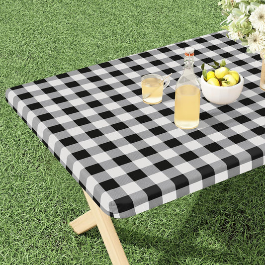 Buffalo Rectangle Picnic Tablecloth, 6 Foot Elastic Fitted Vinyl Table Cloth with Flannel Backing, Waterproof Plaid Table Covers for Dining, Camping, Outdoor (Black and White, 30" X 72")