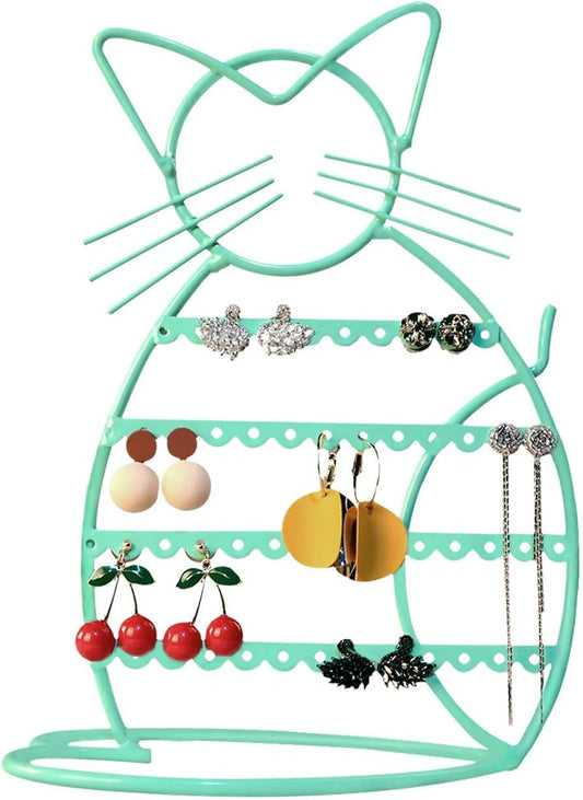 Cat Shaped Earring Holder Stand - Metal 48 Stud Holes, Jewelry Display Vanity Organizer for Girls - Jade