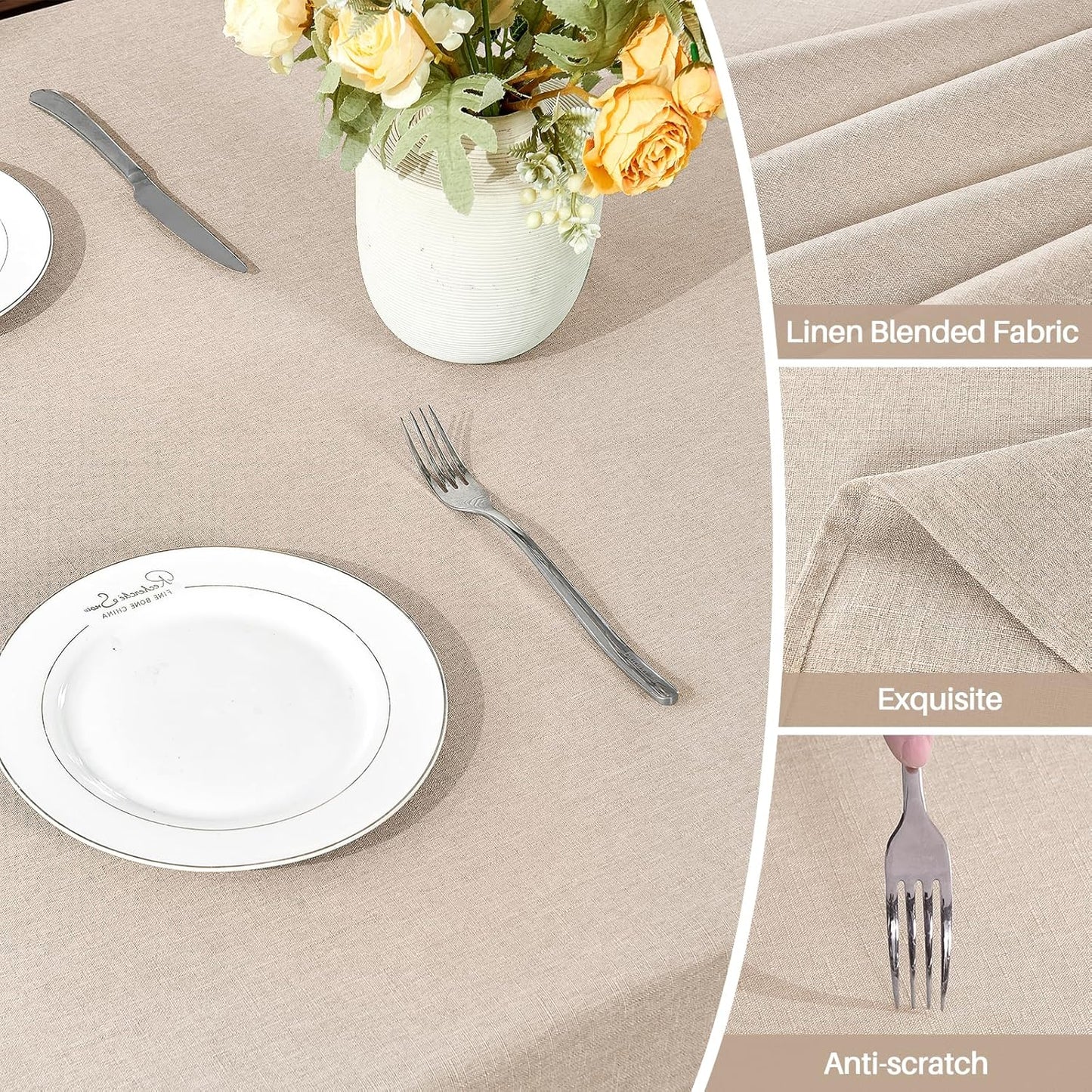 Textured Linen Table Cloth for Rectangle Tables - Khaki Tablecloths Rectangular Waterproof Wrinkle Free Wipeable Dining Table Cover for Spring Wedding Birthday Kitchen Decor, 52 X 70 Inch
