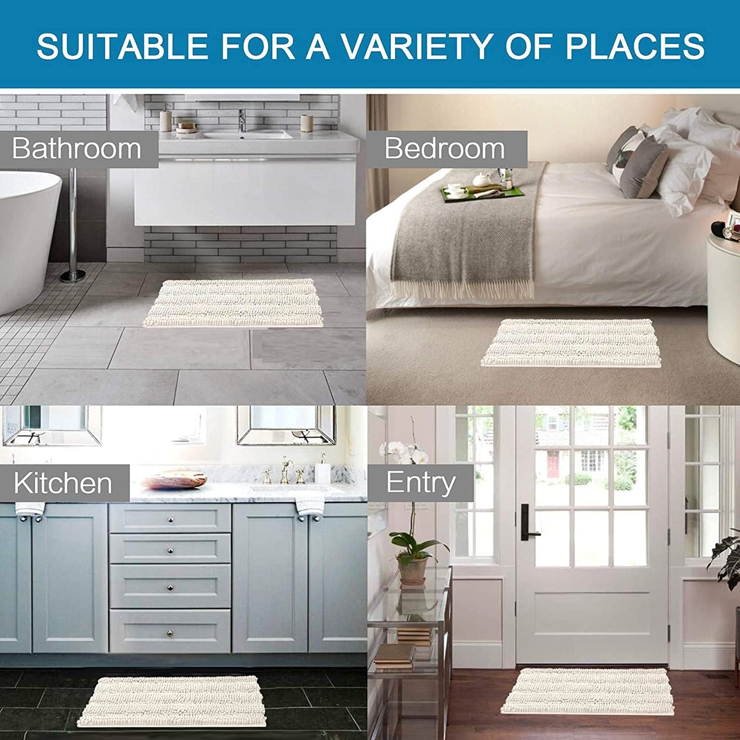Bathroom Rugs Bath Rugs for Bathroom Non Slip Bath Mats Extra Thick Chenille Striped Rug 17" X 24" Absorbent Soft Shaggy Washable Dry Fast Bath Mats for Bath Room Floor - Ivory