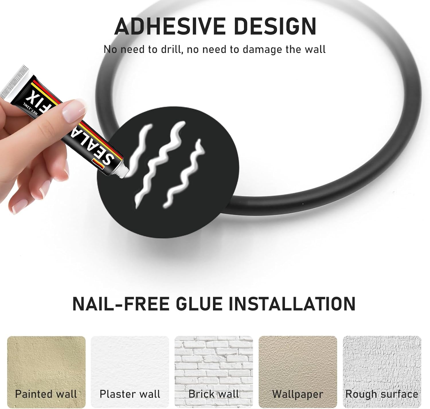 Adhesive Towel Holder Stainless Steel Hand Towel Ring for Bathroom Wall Matte Black Towel Hanger for Bathroom Accessories