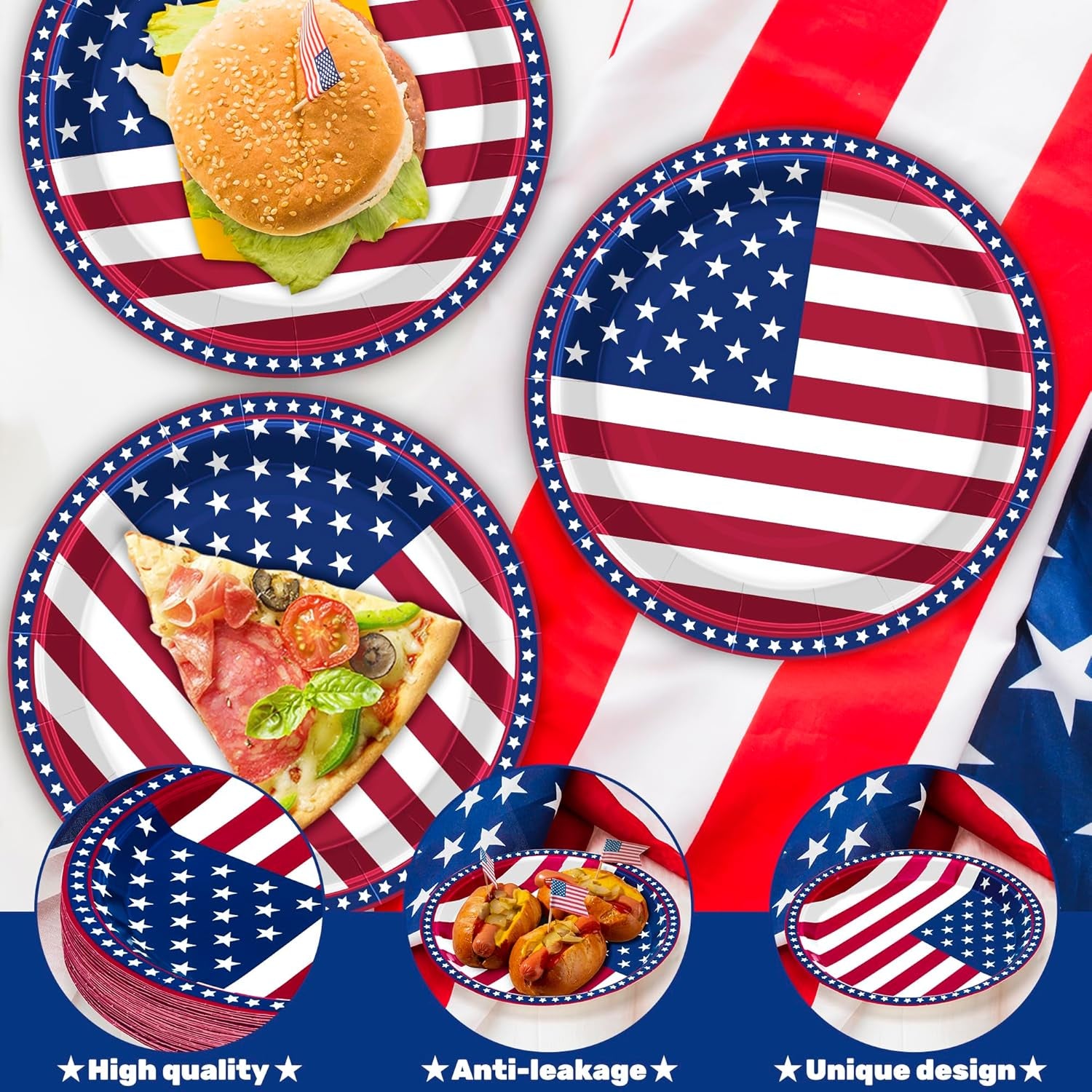 50 PCS 4Th of July Decorations, 9 Inches Pactriotic Paper Plates, round Party Dinnerware Set, Strips and Stars Disposable Plates for Memorial Independence Day Picnics Holidays