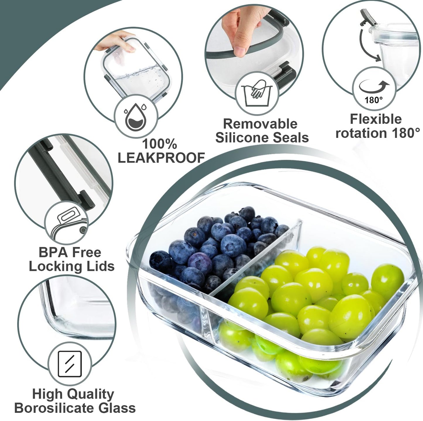 10-Pack 30 OZ Glass Meal Prep Containers with 2 Compartments, Airtight Lids, Microwave, Oven, Freezer, and Dishwasher Safe, Grey