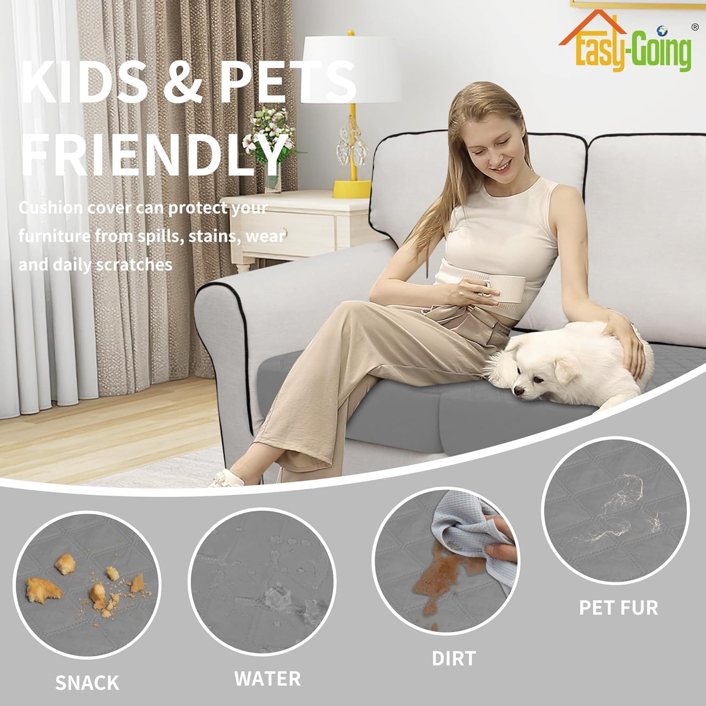 Waterproof Chair Cushion Cover, Non-Slip Leakproof Sofa Seat Cushion Slipcovers, Quilted and Stretch Furniture Protector for Dogs, Pets (1-Piece Chair Cushion, Grey)