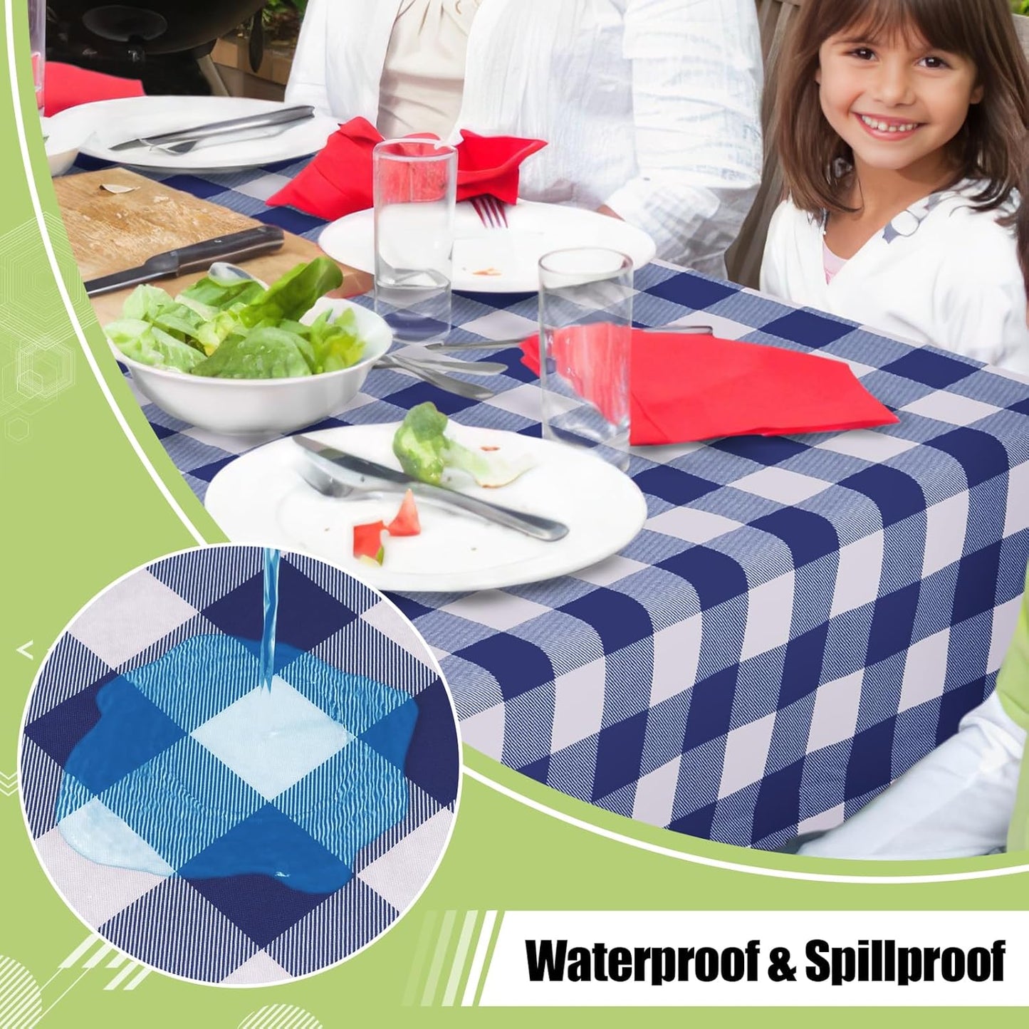 Waterproof Vinyl Rectangle Tablecloth with Flannel Backing, Wipeable Buffalo Plaid Design for Indoor and Outdoor Dining (Navy & White, 60" x 84")