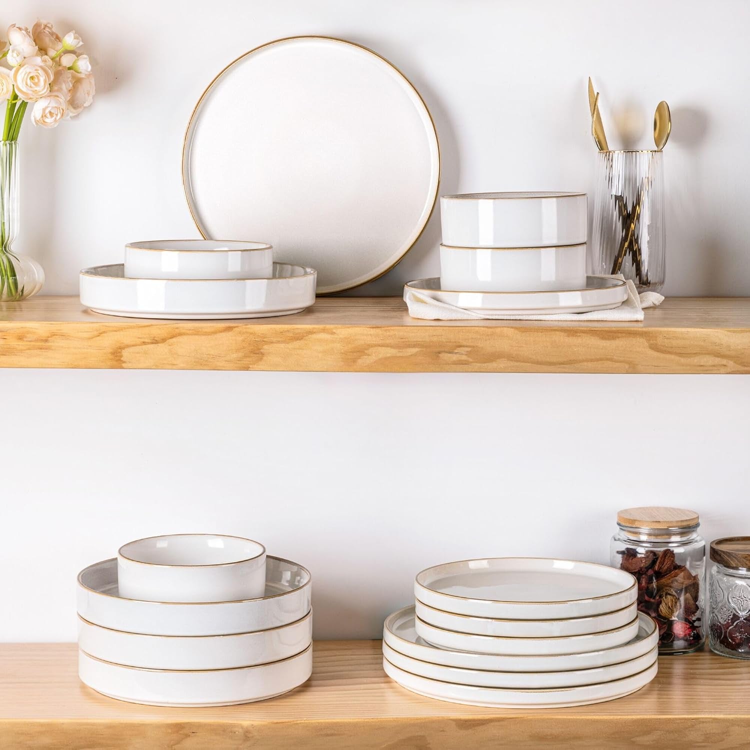 Ceramic Dinnerware Set for Four - 12 Piece Stoneware Collection with Reactive Glaze, Scratch Resistant, Dishwasher and Microwave Safe, Pearl White