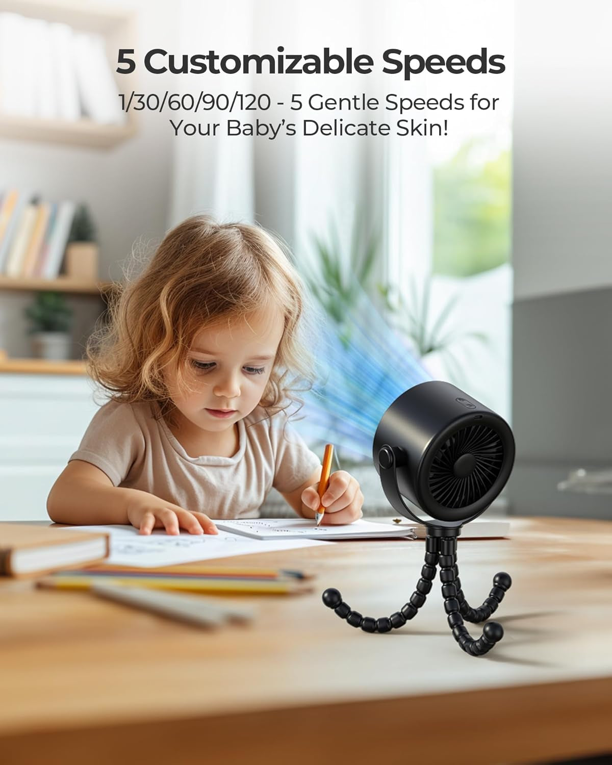 Portable Stroller Fan, Rechargeable Battery Operated, 5 Speeds with High-Speed Cooling, 17H Runtime, Digital Display, 360° Rotation, Ultra-Quiet, Flexible Tripod for Car Seats, Tents, Cribs