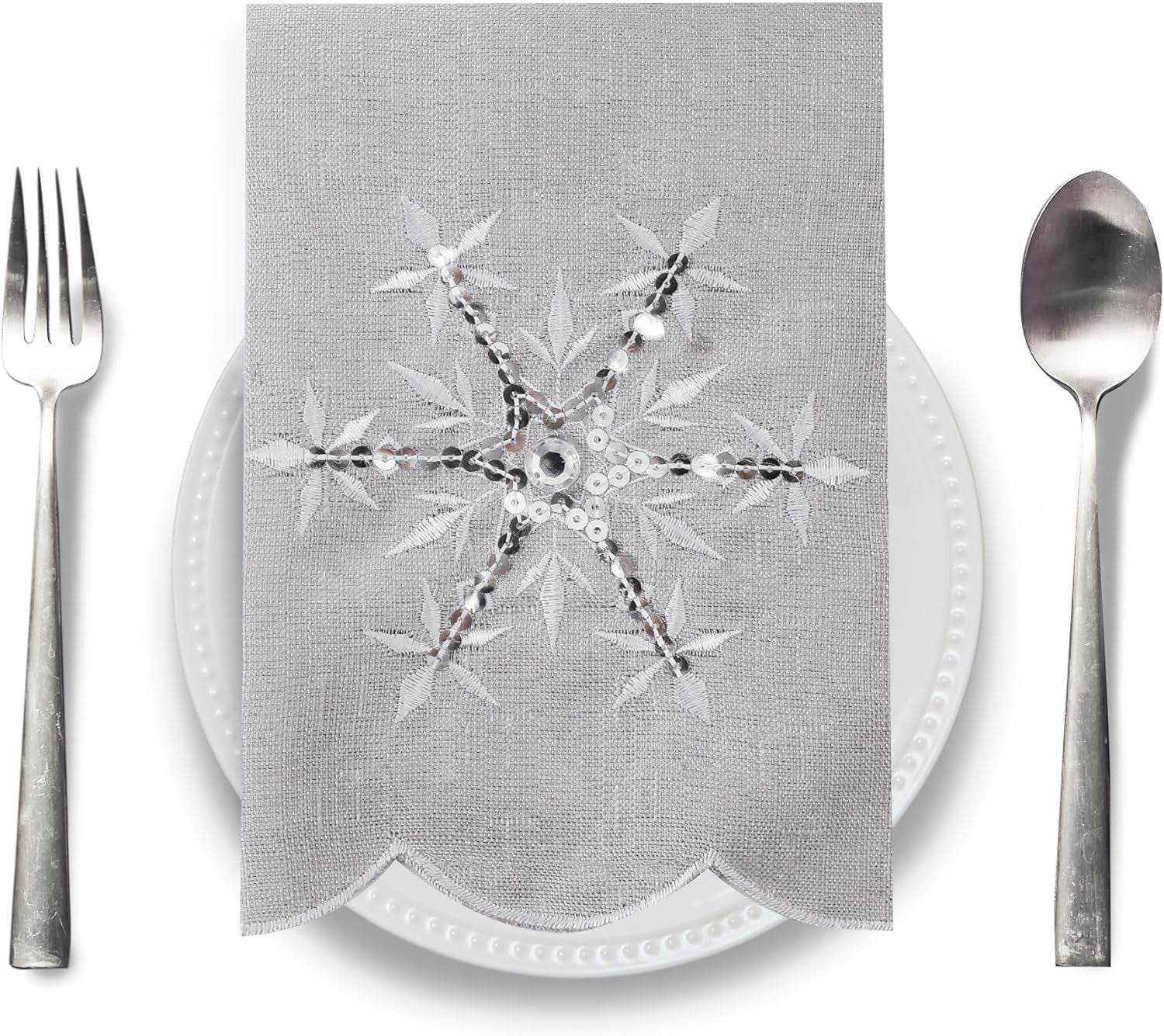 Christmas Table Napkins Cloth Set of 4, Embroidered Snowflake Napkins 18X18 Inch, Silver Napkins Glittering Sequins for Dinner, Xmas Holiday Napkins for Familiy Dinning, Grey, Machine Washable