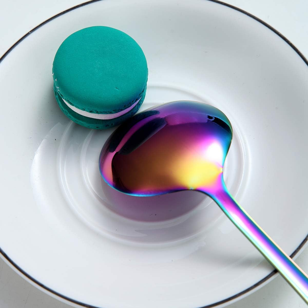 Set of 4 Rainbow Soup Spoons, 7.5" Stainless Steel with Titanium Plating, Multicolor Round Design, Easy to Clean and Dishwasher Safe