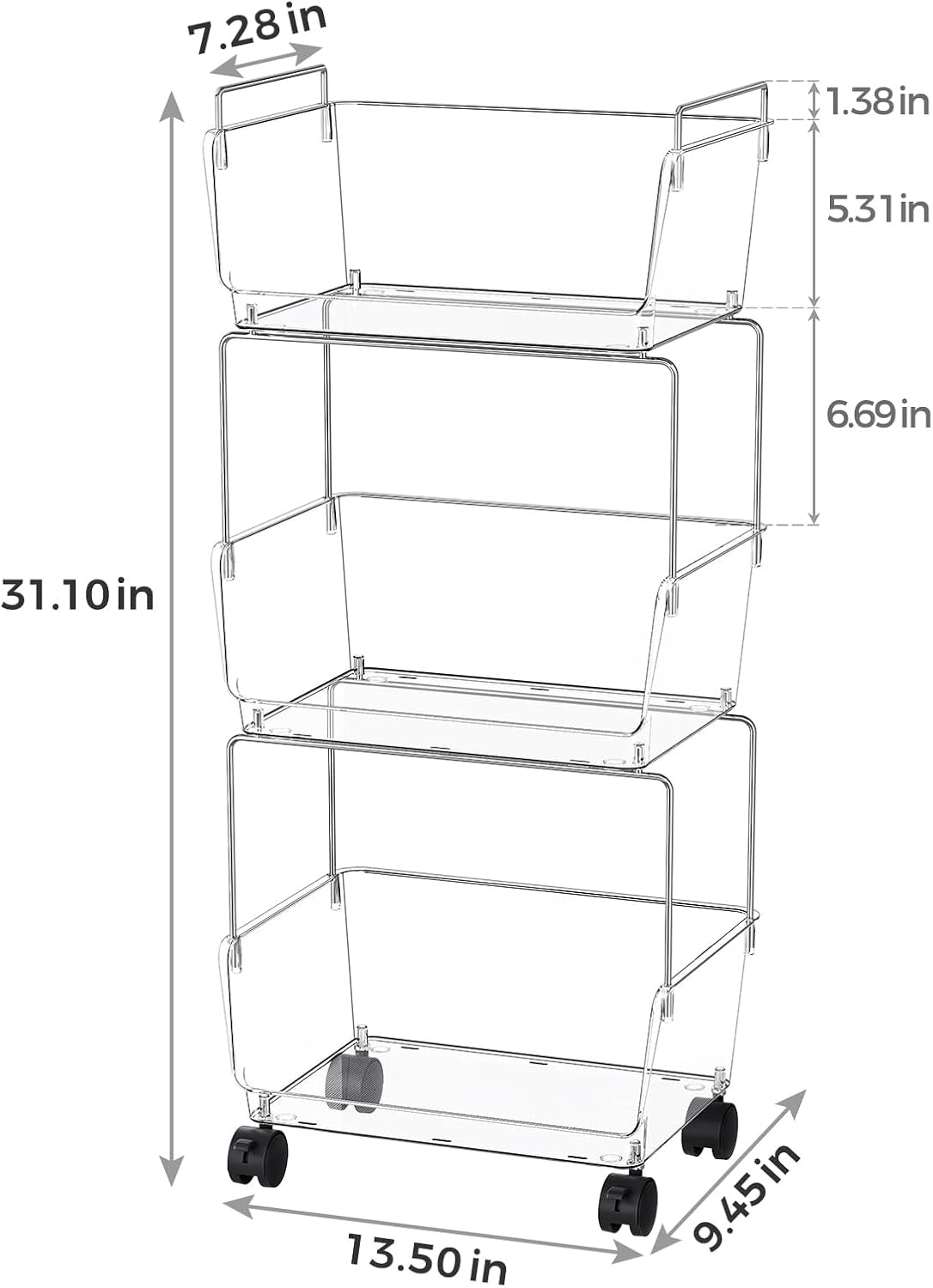 3 Tier Rolling Cart for Kitchen, Bathroom, Office – Acrylic Utility Storage Carts with 2 Lockable Wheels – Ideal for Small Spaces, Pantry, Classroom, Makeup Organizer, Dorm Storage, Clear