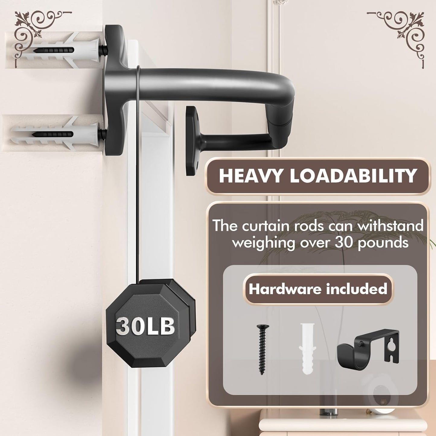 Curtain Rods, No Rust Adjustable Blackout Drapery Rods, 5/8 Inch Diameter Wrap around Curtain Pole for Windows, Ideal for Bedroom, Outdoor (28-48 Inch, Black)