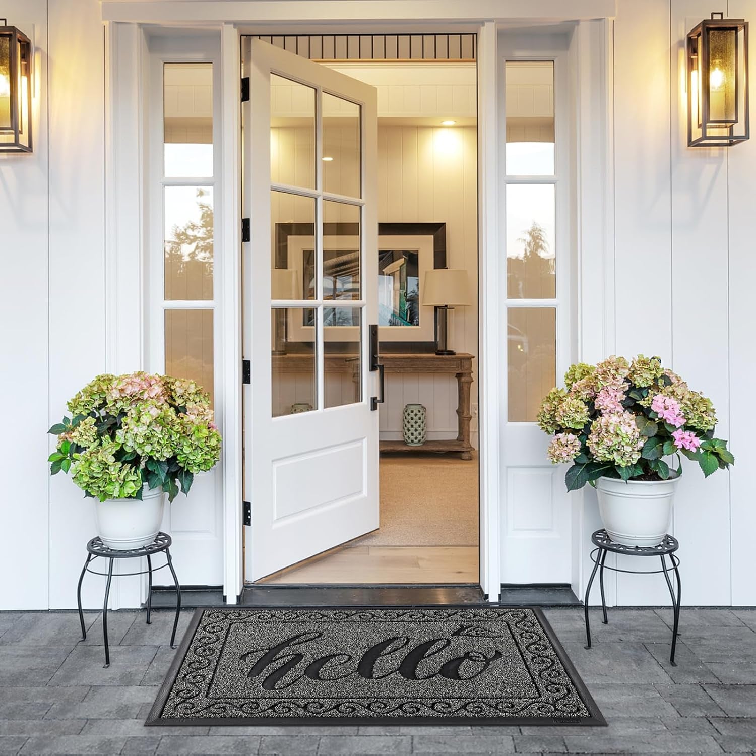 Hello Door Mat Outdoor Indoor, 100% Waterproof All-Season Welcome Mat, Washable Heavy Duty Front Door Mat, Stain and Fade Resistant, Low Profile, Easy Clean, 29.5 X 17, Black Gray