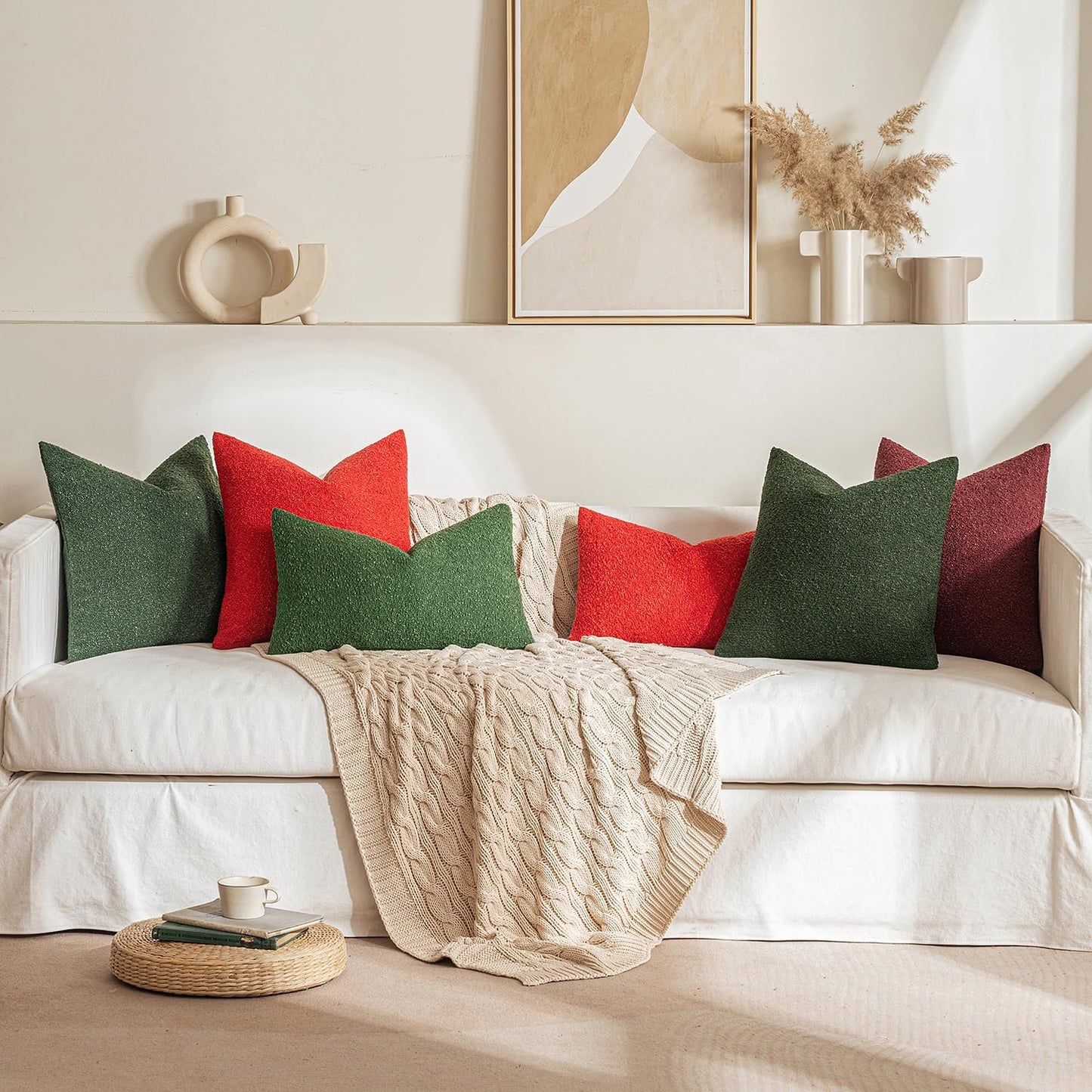 Textured Boucle Lumbar Pillow Cover in Christmas Red - Decorative Soft Accent Cushion for Couch, Chair, and Bedroom - 18x18 Inch, Single Pack