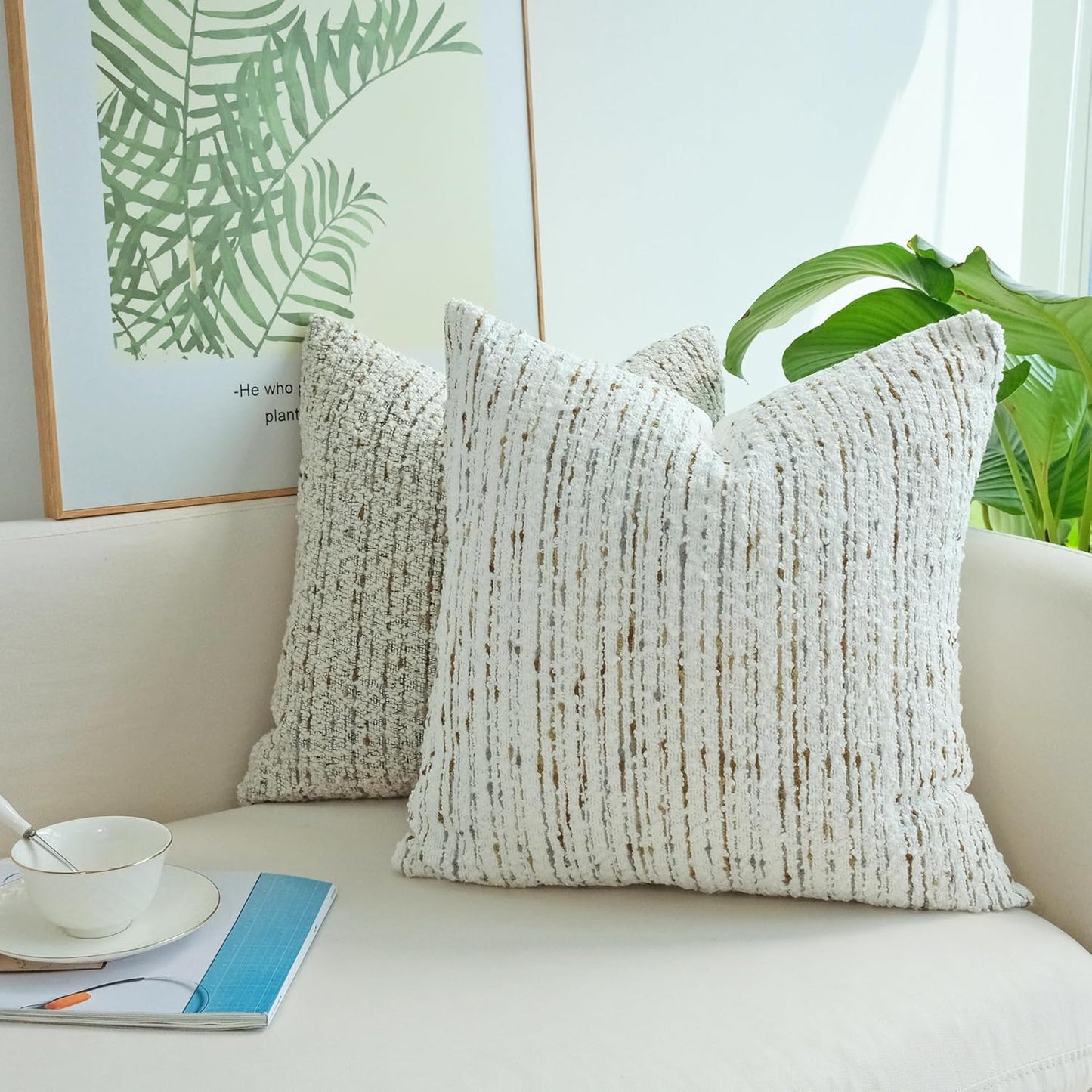 Pack of 2 Textured Bouclel Decorative Throw Pillow Covers Farmhouse Boho Home Decor Striped Corduroy Square Chenille Pillowcases 18 X 18 Inch Beige