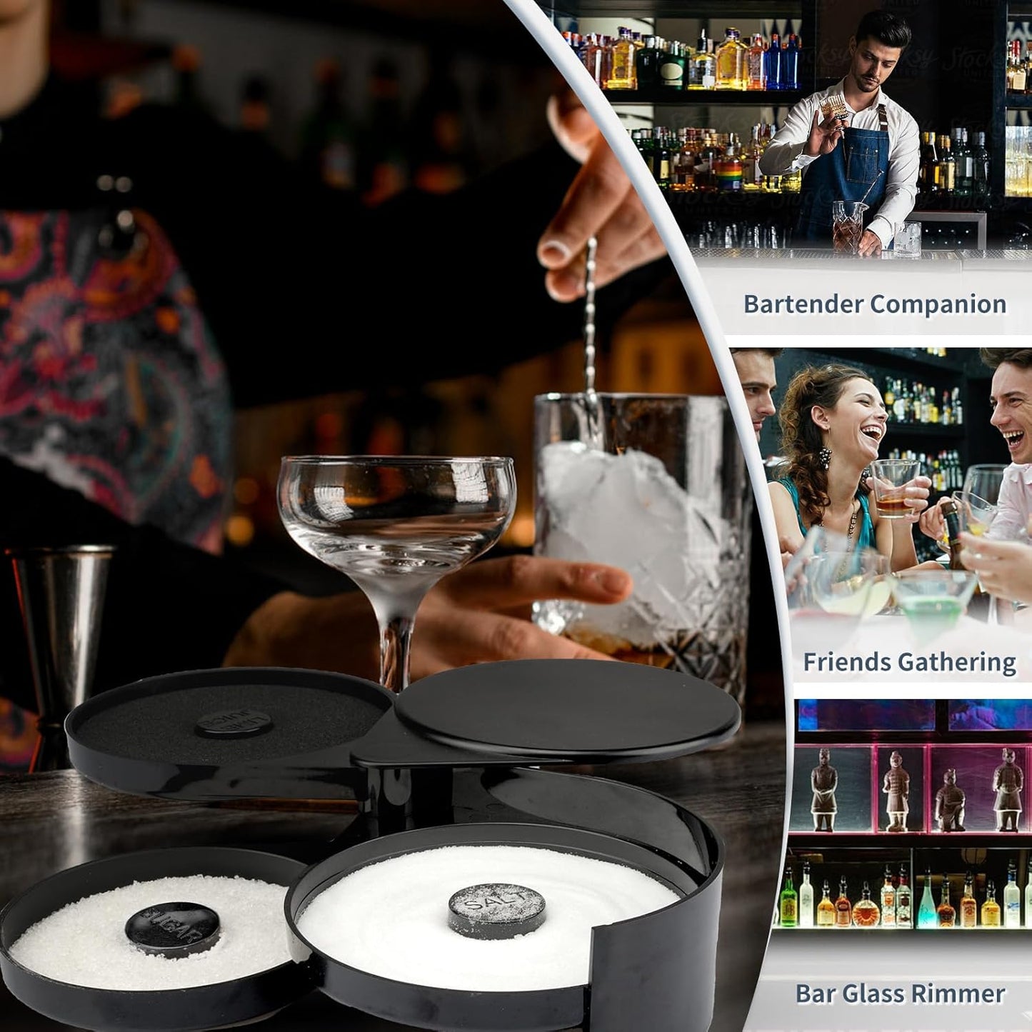 Margarita Salt Rimmer Set, New Upgraded 1 Pack 3 Tier Bar Glass Rimmer Black Plastic Sugar and Salt Rimmer Box with Sponge for Cocktail Bartender Tool