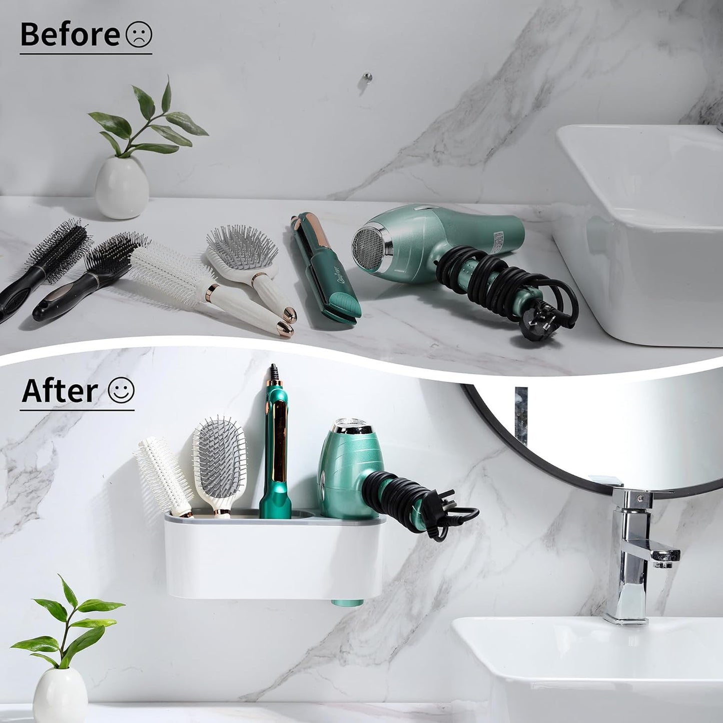 Self-Adhesive Hair Dryer Holder - 3-in-1 Hair Tool Organizer for Bathroom, Wall-Mounted, Over Cabinet Door, and Free-Standing, White and Grey