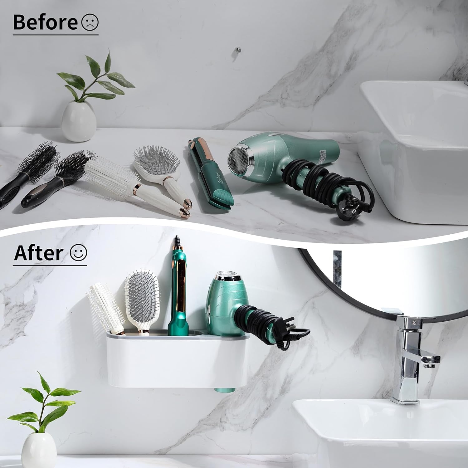 Self-Adhesive Hair Dryer Holder - 3-in-1 Hair Tool Organizer for Bathroom, Wall-Mounted, Over Cabinet Door, and Free-Standing, White and Grey