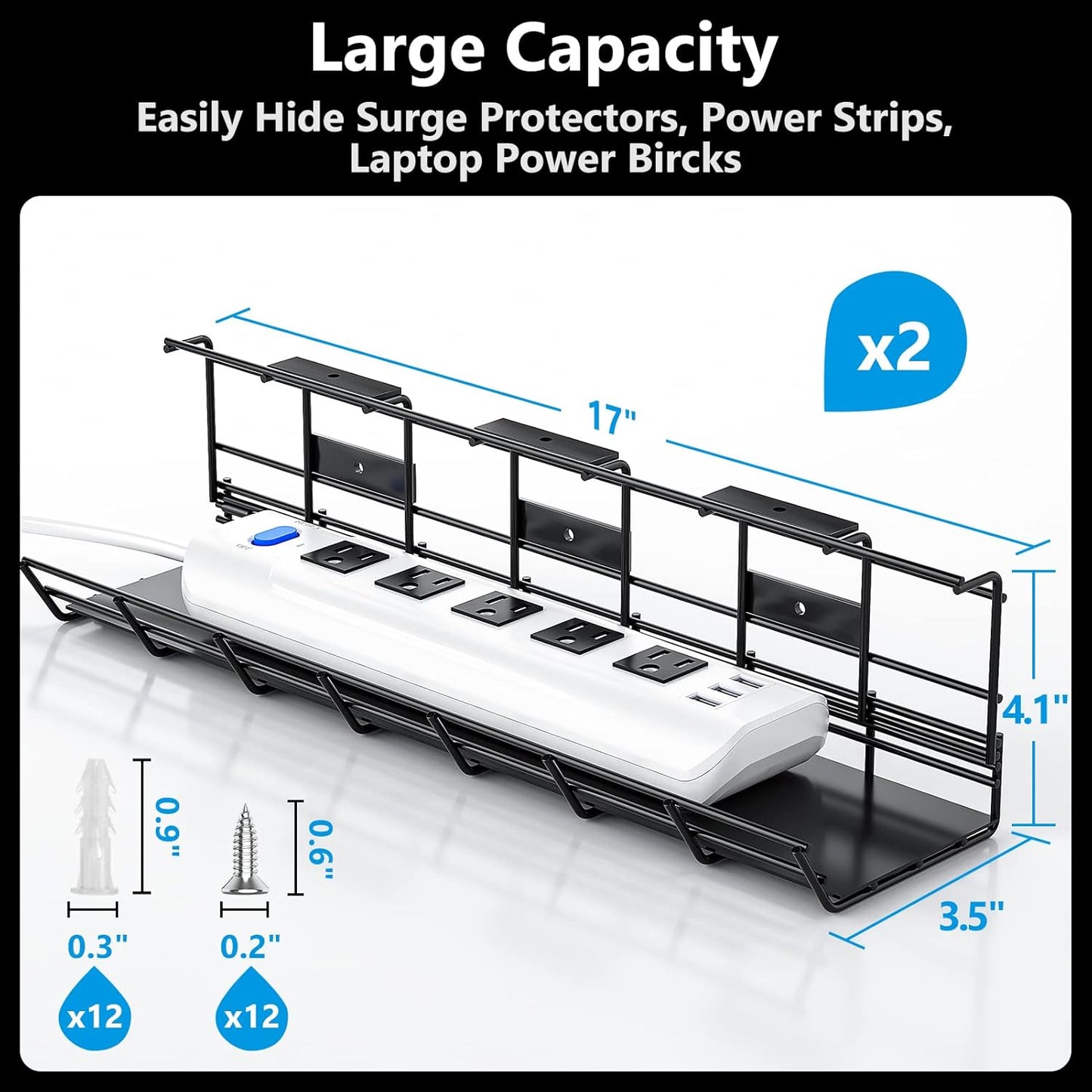 2 Pack  under Desk Cable Management Tray, Metal Cord Cable Organizer for Desk, Easy Install Pre-Drilled Wire Management Wire Organizer for Office & Home