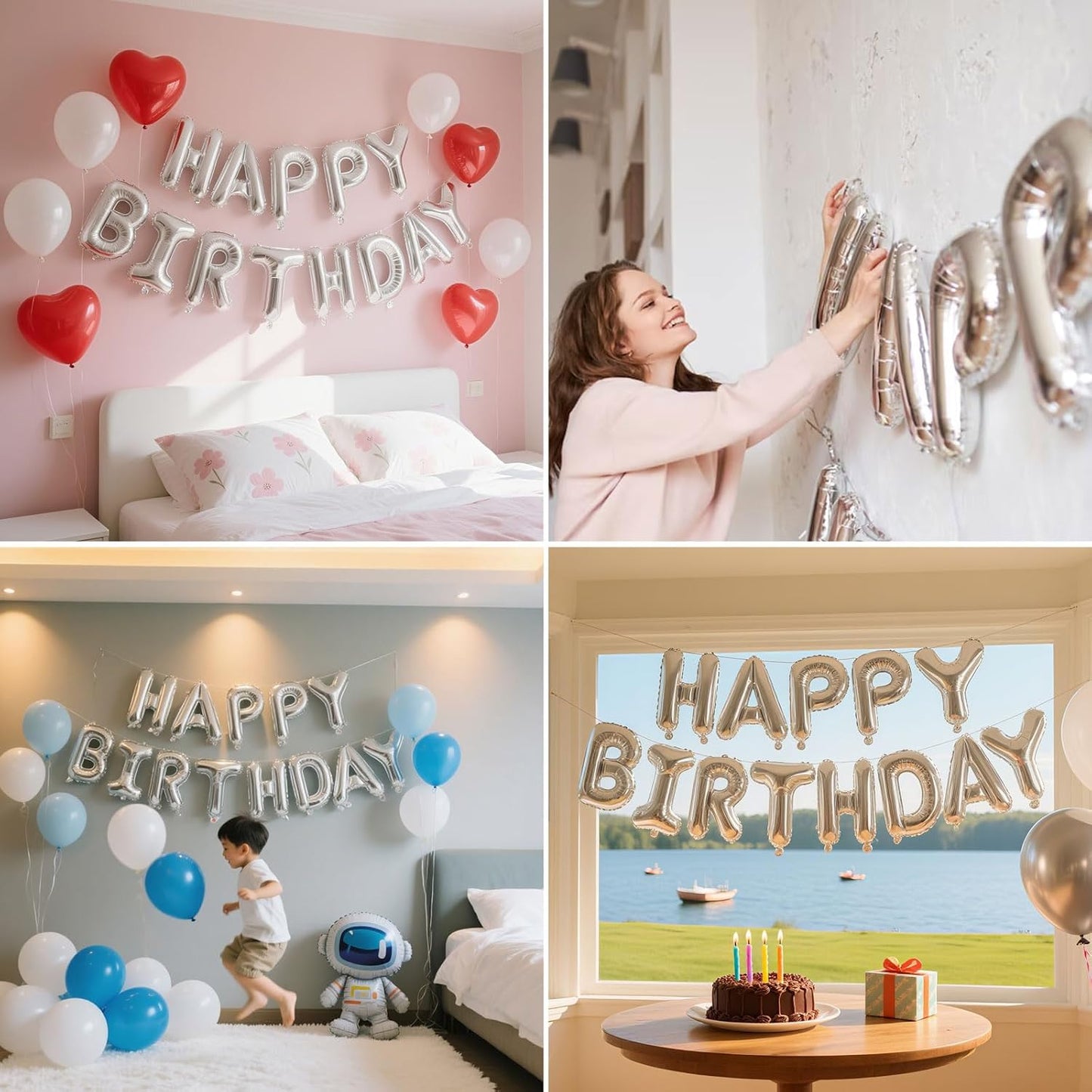 Silver Happy Birthday Banner, 13Pcs Mylar Foil 3D Letter Balloons Happy Birthday Sign Balloon for Wall Backdrop Baby Shower Welcome Party Supplies and Decorations for Women, Men, Boys & Girls
