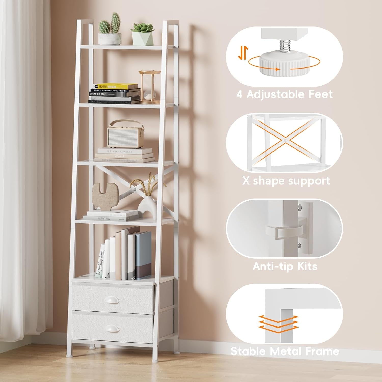 5-Tier Ladder Shelf with 2 Drawers,Narrow Bookshelf Storage Shelves,Industrial Bookcase Freestanding Rack Units for Bedroom,Living Room,Bathroom,Home Office,Balcony,Wood Metal, White