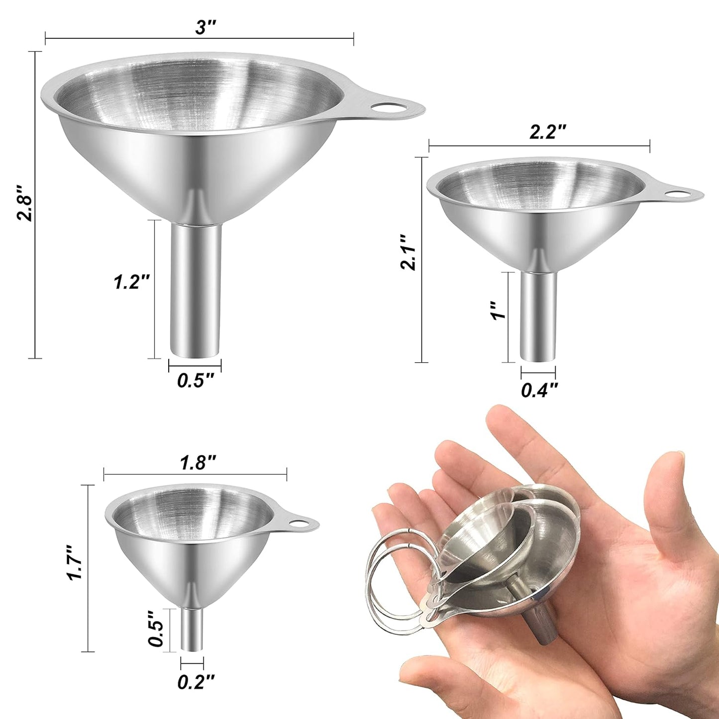 Stainless Steel Mini Kitchen Funnel Set, 3 Pack Durable Metal Filling Funnels for Transferring Liquid, Dry Ingredients, Cosmetic Lotion, Fluid, Spices, Powder - Food-Grade & High Heat Resistant