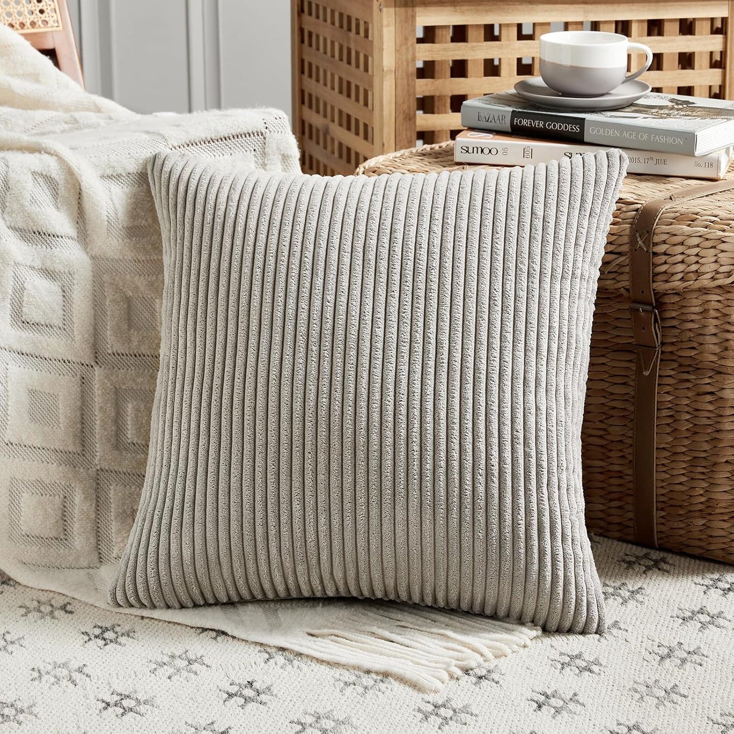 Set of 4 Neutral Grey Decorative Throw Pillow Covers 18X18 Inch for Couch Bed Sofa Bedroom, Modern Organic Boho Farmhouse Home Decor, Soft Fluffy Textured Corduroy Cushion Case 45X45 Cm