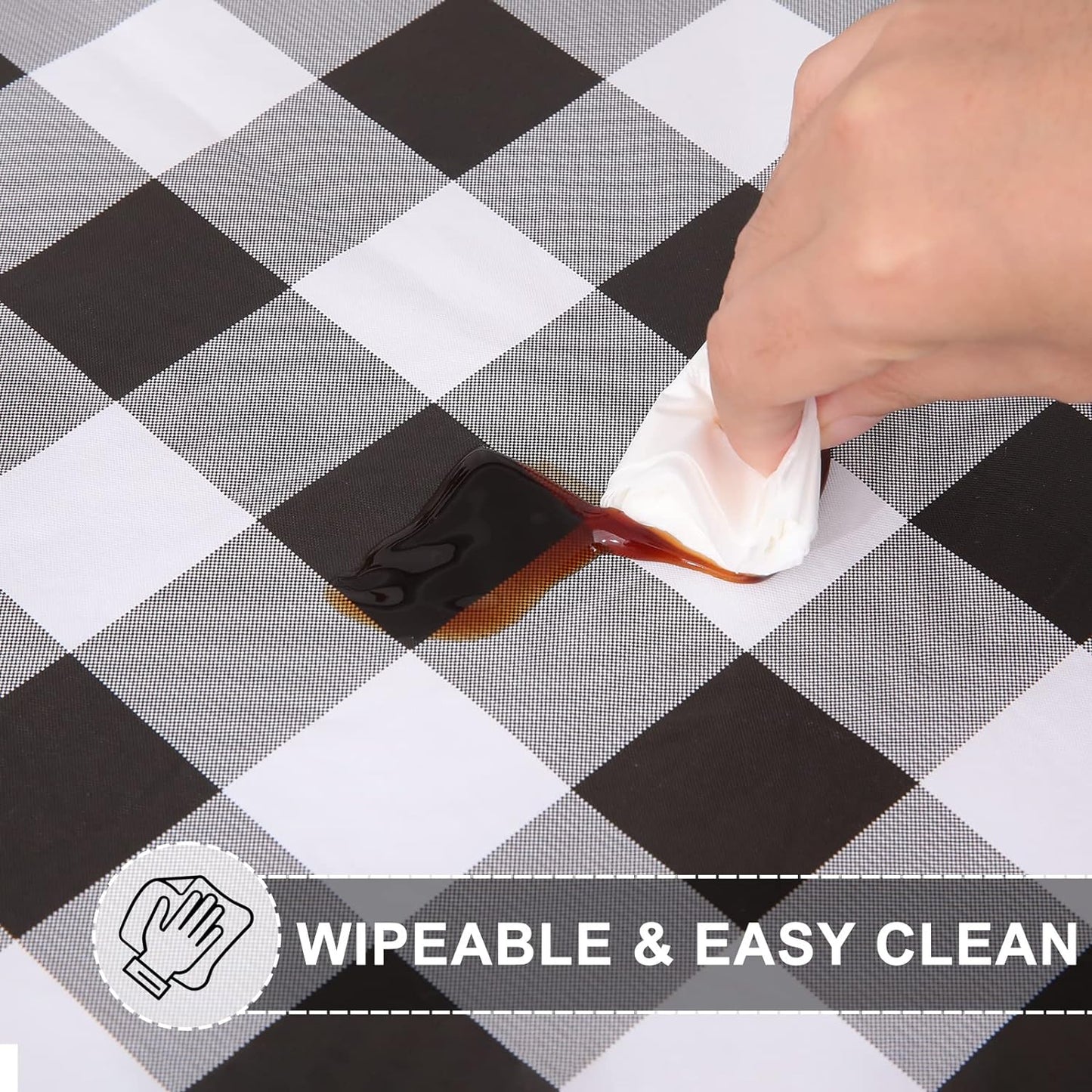 round Fitted Tablecloth with Elastic Edge, Buffalo Plaid Waterproof Vinyl Flannel Backed Table Coloth Cover Fits 36"-44" round Tables for Dinner, Outdoor, Picnic, Black White Check