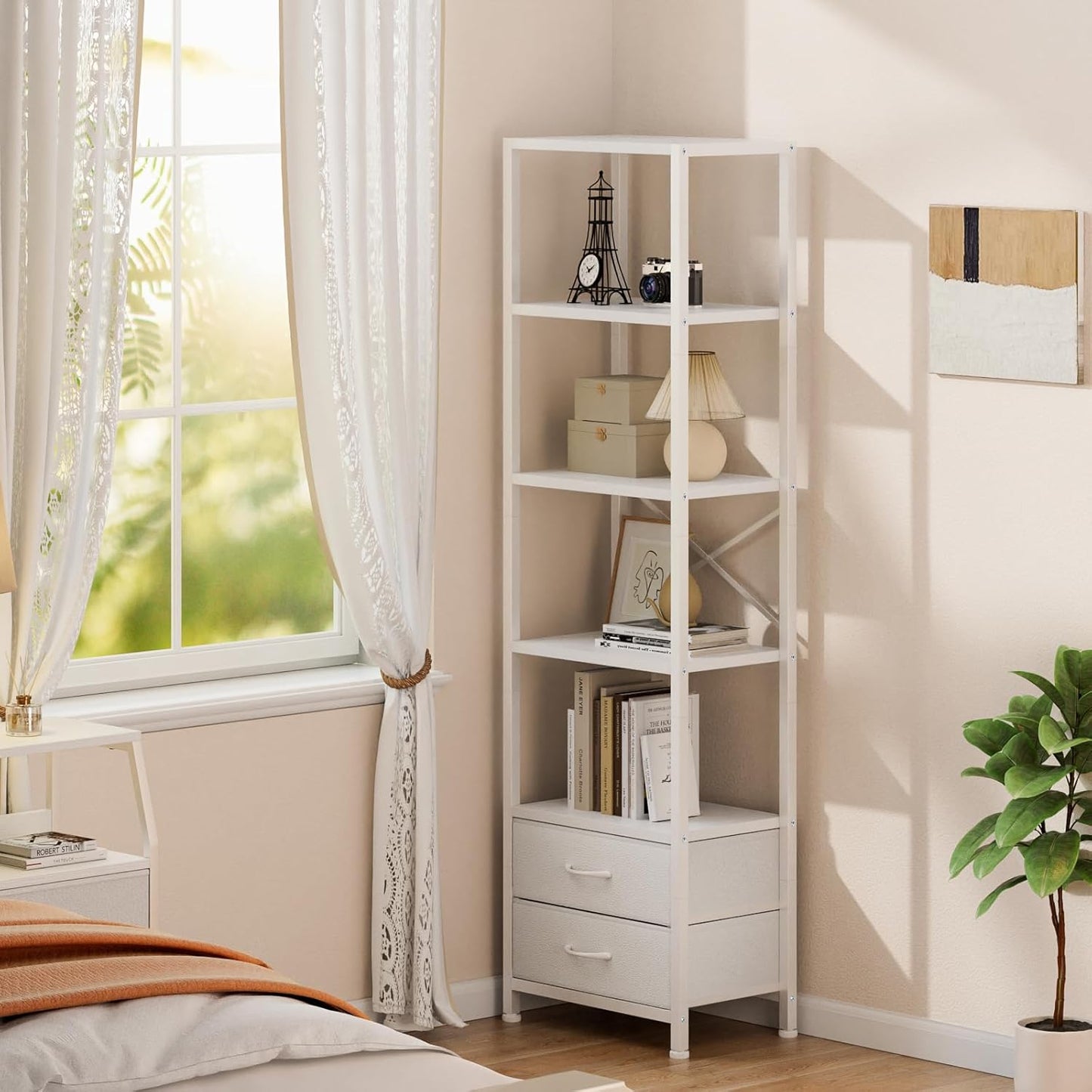 5-Tier Corner Shelf with 2 Storage Drawers, Tall Wood Display Bookcase and Organizer Unit for Living Room and Bedroom, Metal Frame (White)