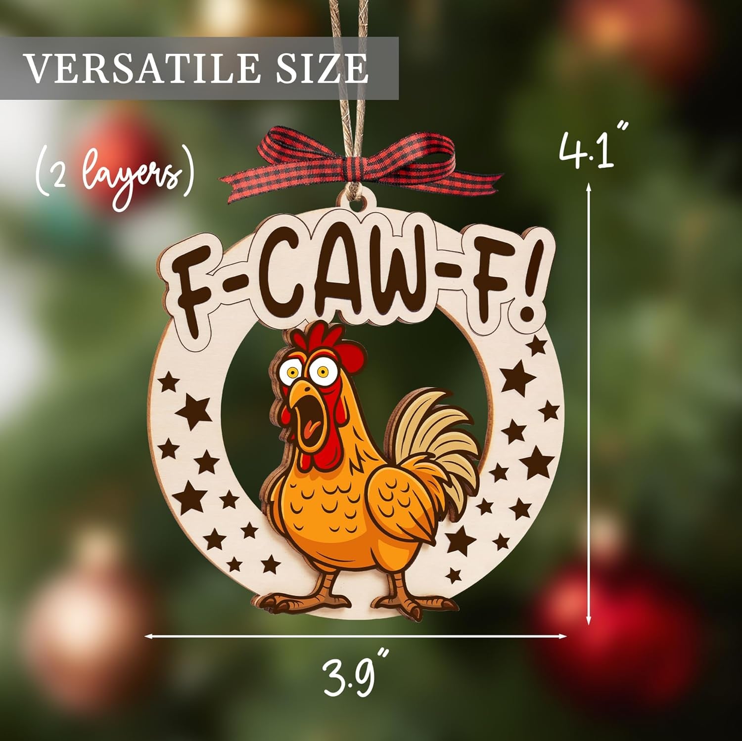 Funny F-Caw-F Chicken Christmas Ornaments, Wooden Fcawf 2-Layer Chicken Ornaments, Unique Gifts for Chickens Lovers, Adults, Women, Christmas Chicken Decor, Farmhouse Xmas Hanging Decorations