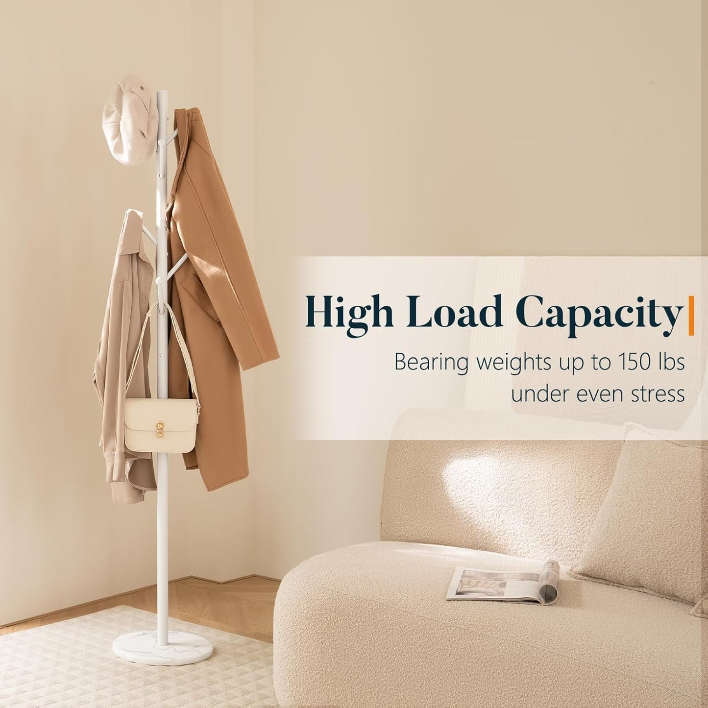 Coat Rack Freestanding with Natural Marble Base, Coat Tree with 8 Hooks Heavy Duty Coat Hanger Stand, Metal Coat Rack Stand for Jacket, Hat, Clothes & Bag, Hall Tree Hat Rack for Entryway