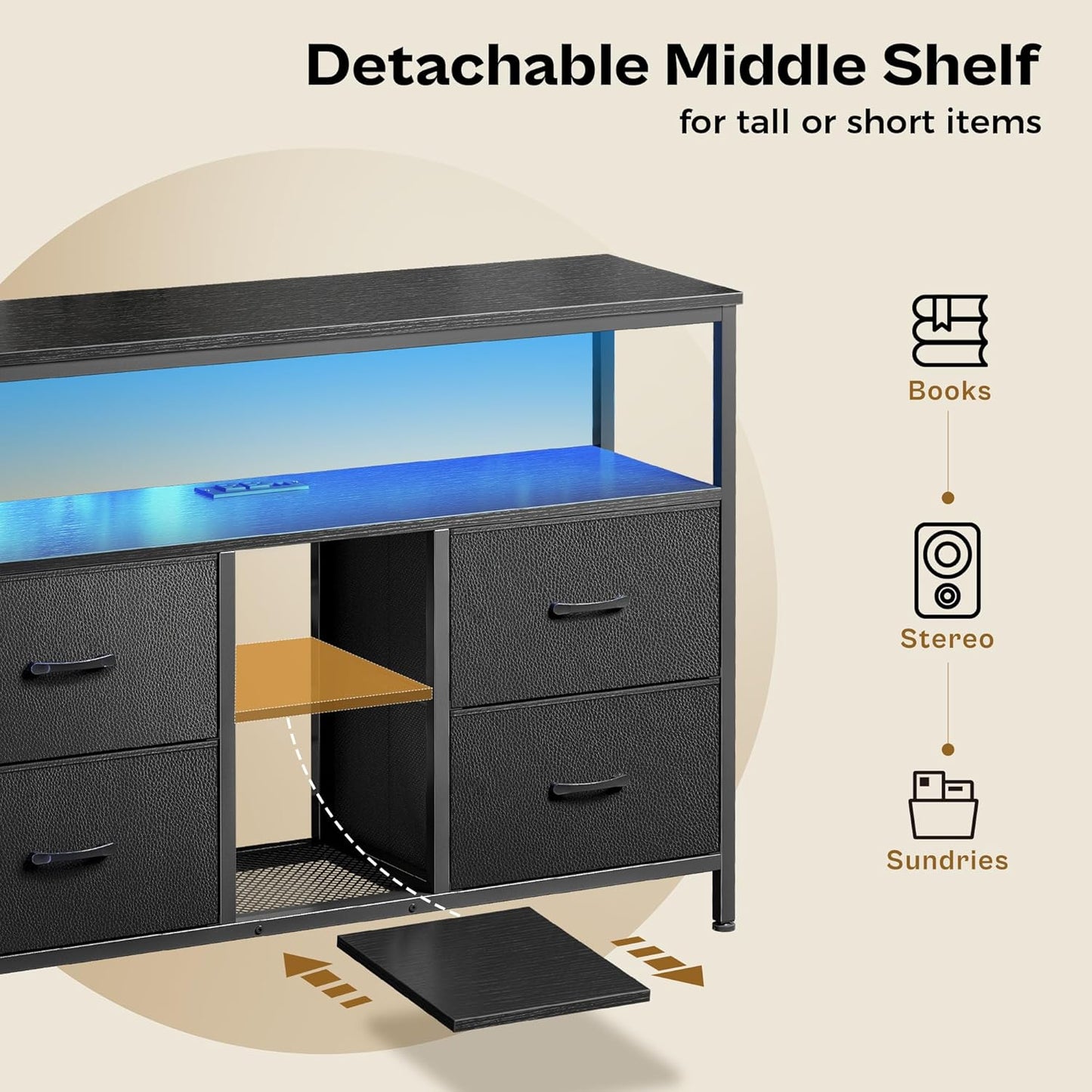 TV Stand Dresser with Integrated Power Outlets and LED Lighting, 4-Drawer Entertainment Center with Open Shelf, Media Console for 43-50 Inch TVs, Black PU Finish
