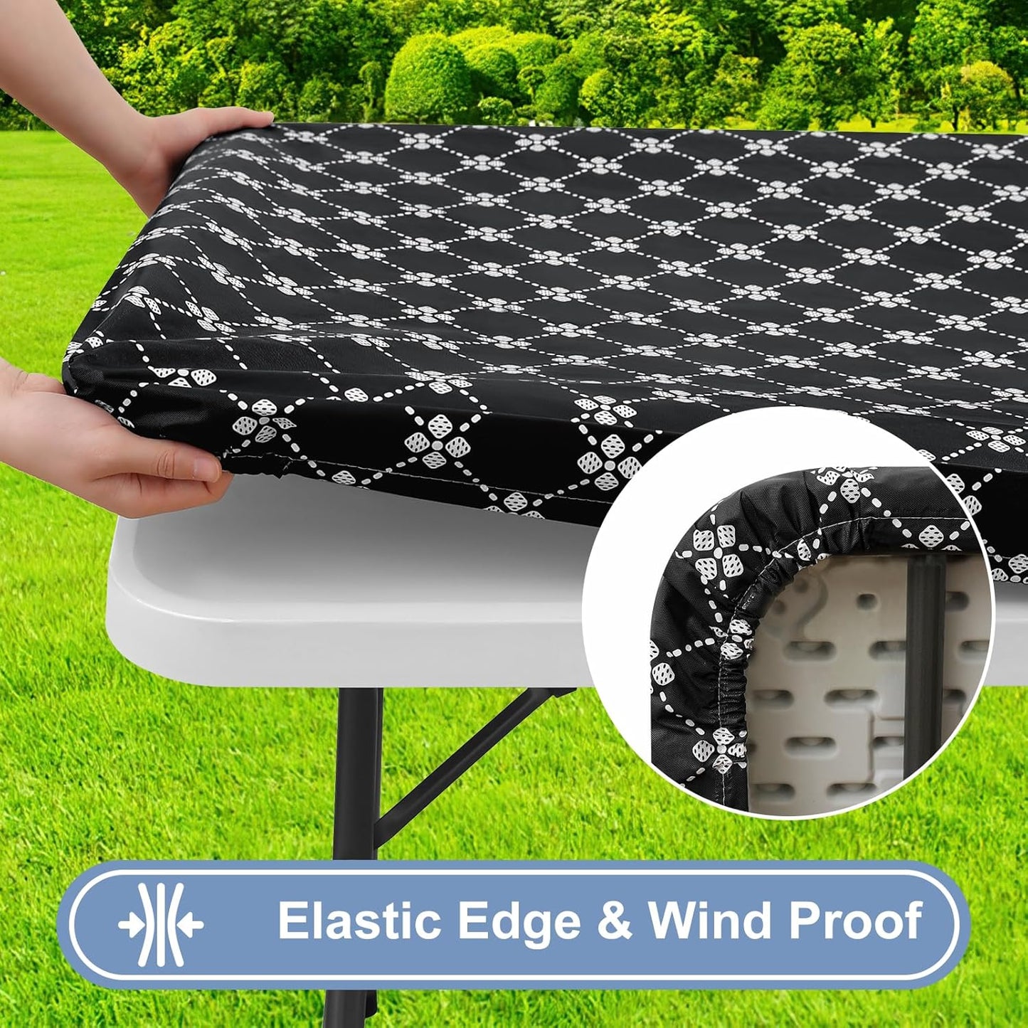 Rectangle Vinyl Table Cloth, Elastic Fitted Tablecloth with Flannel Backing, 6 Foot Waterproof Plastic Table Cover for Camping, Indoor and Outdoor (Black, 30" X 72")