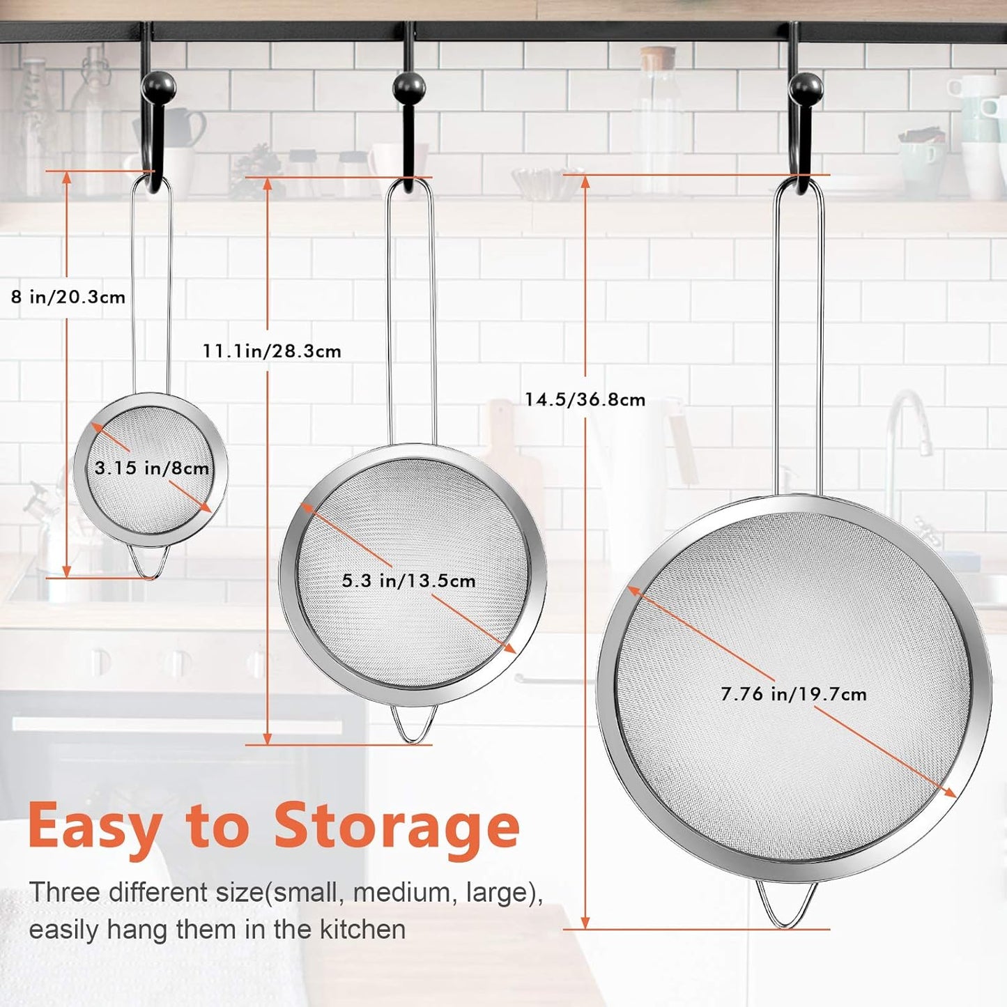3Pcs Super Wire Extra Fine Mesh Strainer with Handle, Small Medium Large Size Sifter Metal Strainer Set, Stainless Steel Sieve Fine Mesh Strainers for Kitchen Rice Juice Quinoa Food Flour Baking
