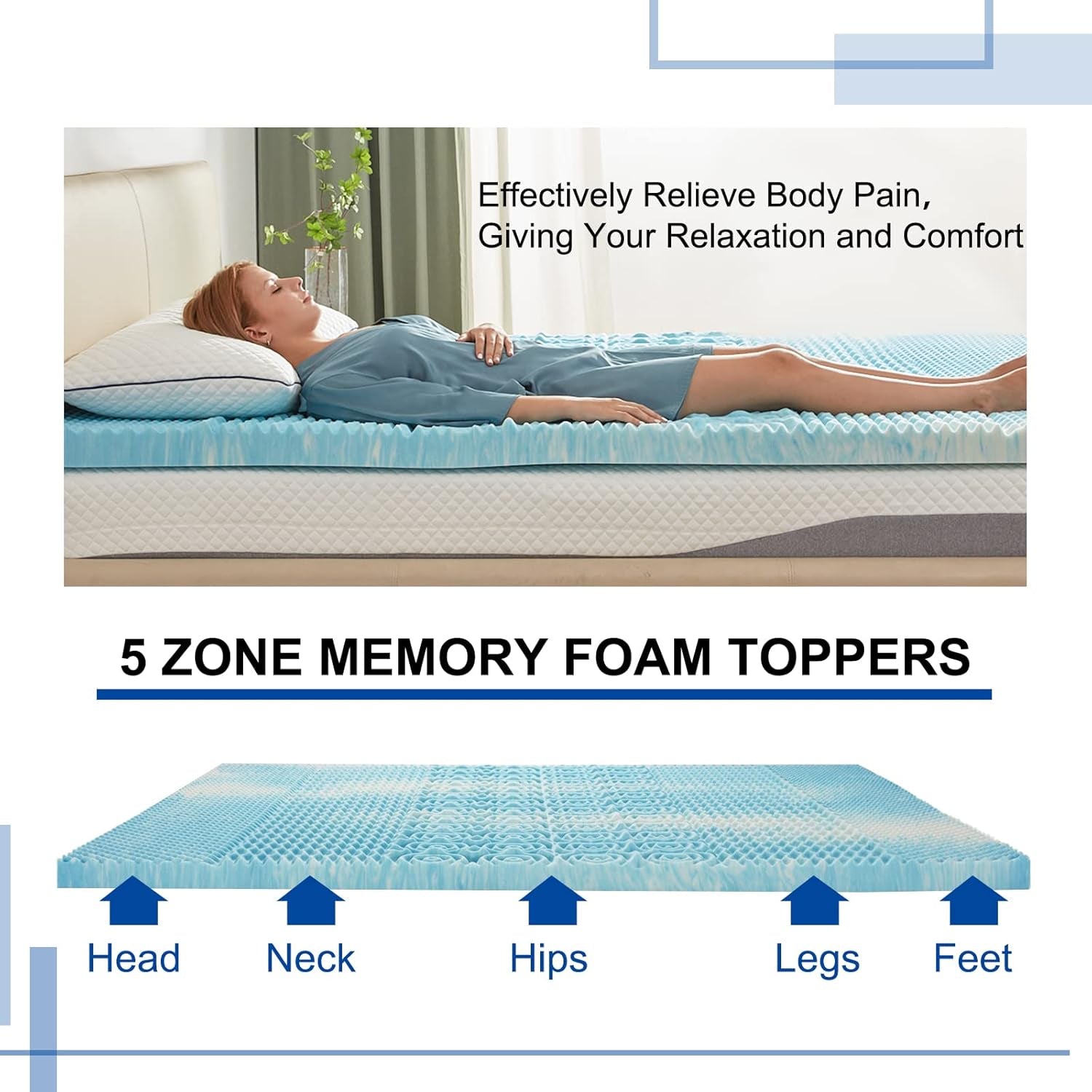 2 Inch Mattress Topper 5-Zone Memory Foam Mattress Topper Pressure Relieve Soft Mattress Pad, Certipur-Us Certified, Twin Size Blue