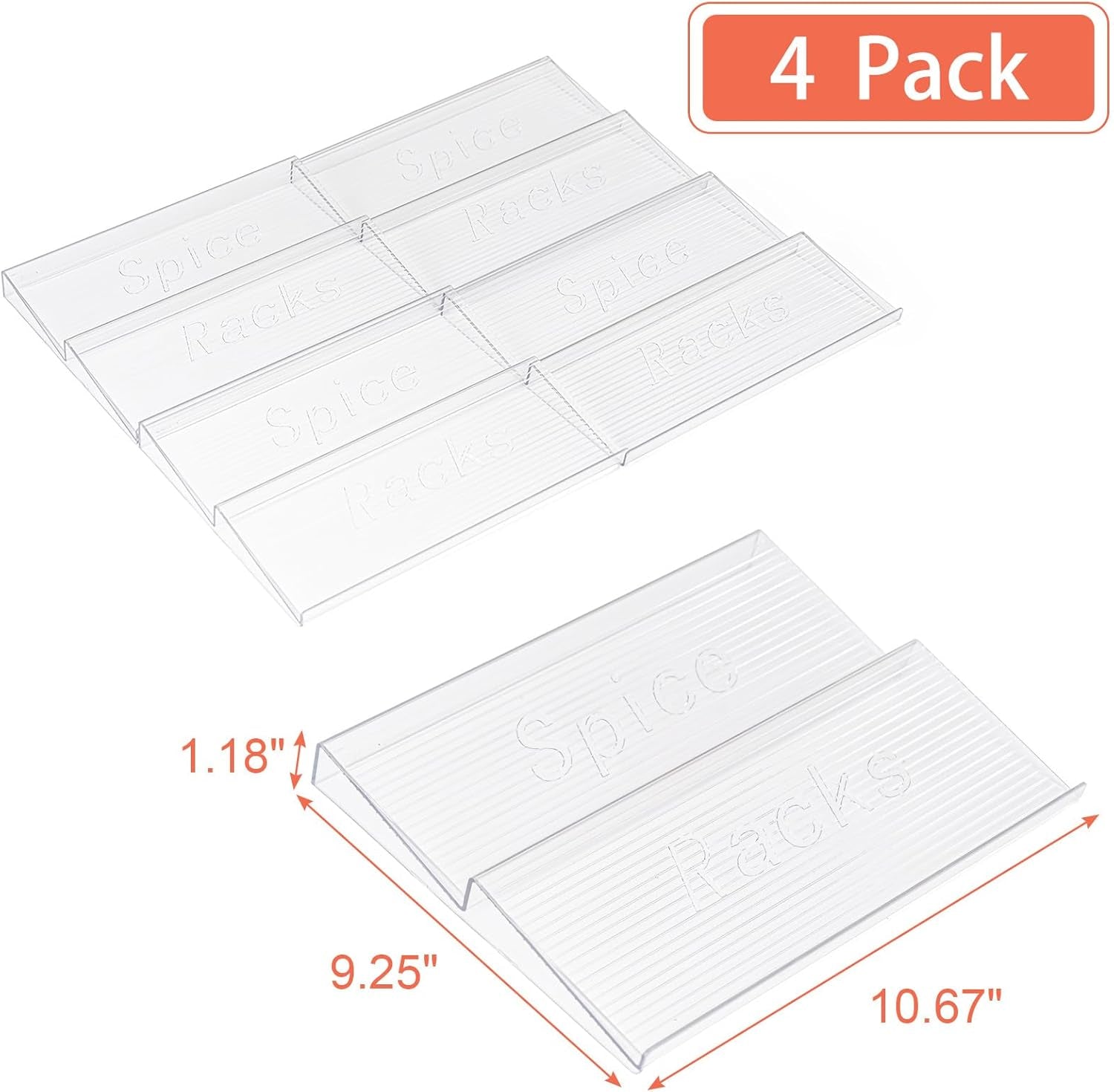 Acrylic Spice Drawer Organizer, 4 Tier- 4 Pack Clear Spice Rack Tray for Drawer/Countertop, Expandable from 11'' to 22'' Kitchen Seasoning Organizers(Jars Not Included)