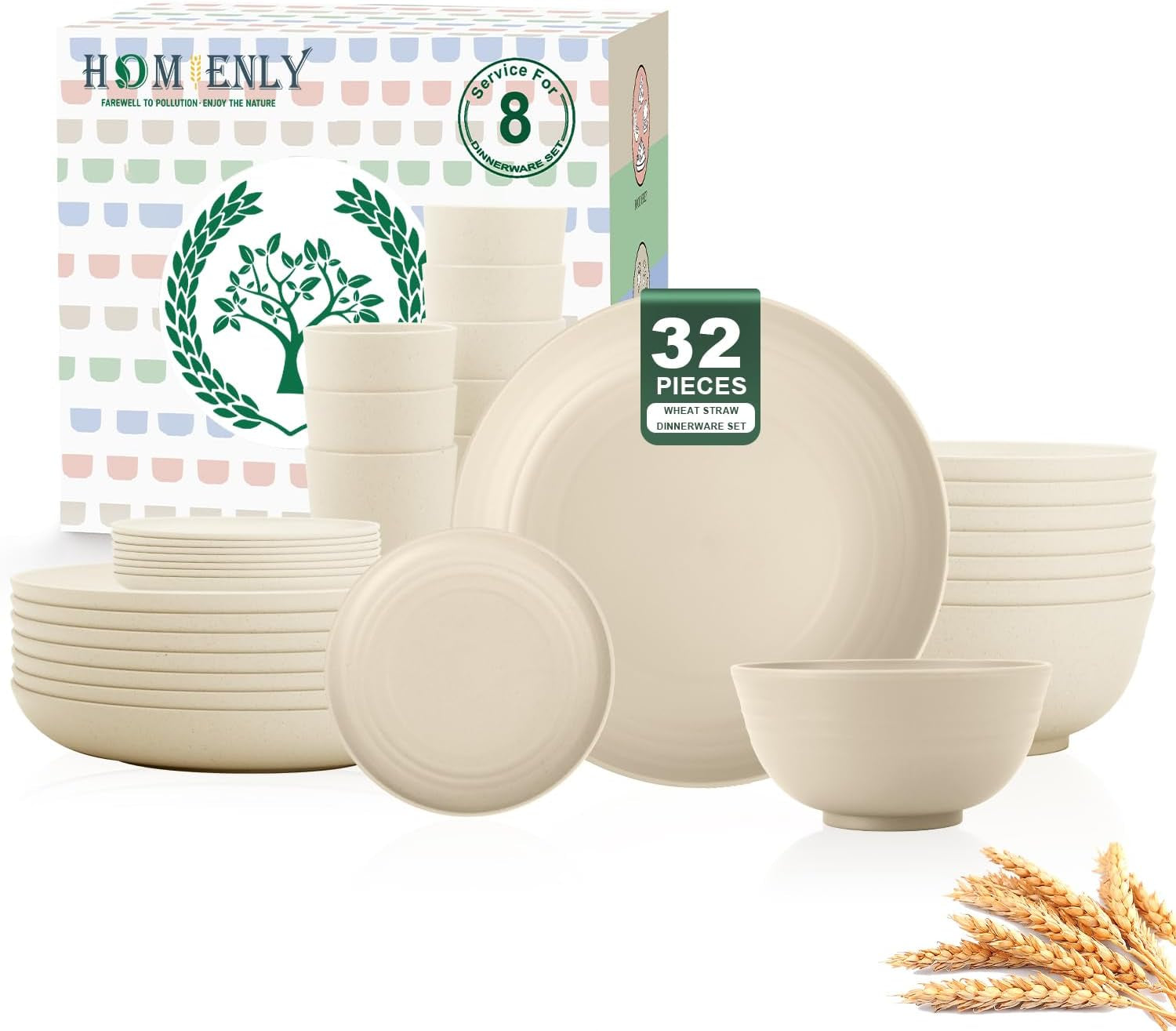 32-Piece Eco-Friendly Wheat Straw Dinnerware Set for 8 - Reusable Plates and Bowls, Suitable for Camping and Picnics, Microwave and Dishwasher Safe - Beige