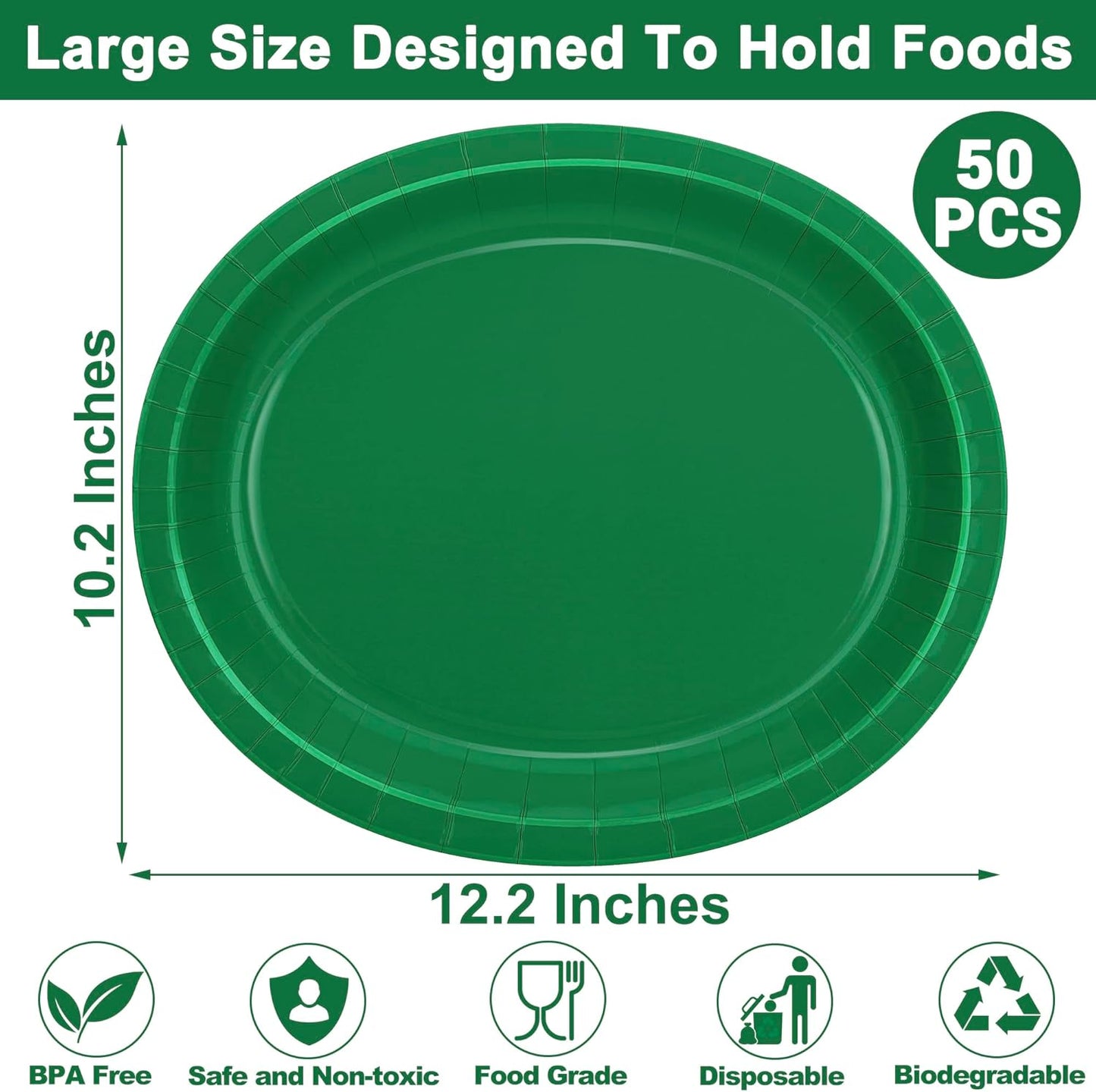 50 Count Large Green Oval Paper Plates, 12.2'' X 10.2'' for Daily Dinner, Outdoor Picnic, Birthday Party, Barbecue, Holiday - Disposable Bulk Party Supplies