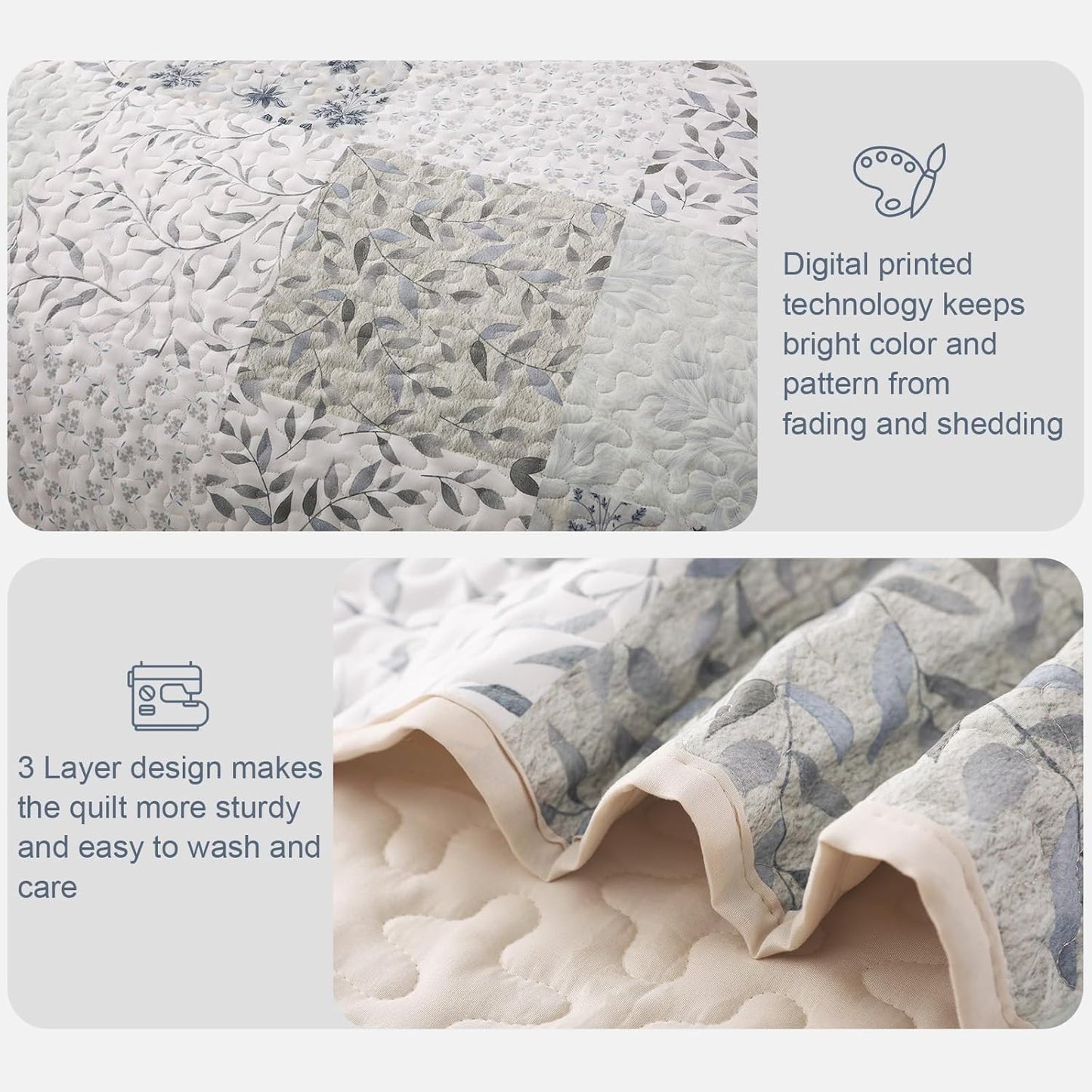 Queen Size Reversible Boho Quilt Set, 3-Piece Patchwork Gray All-Season Bedspread, Ultra-Soft Floral Coverlet with Printed Pattern (Includes 1 Quilt and 2 Pillow Shams)