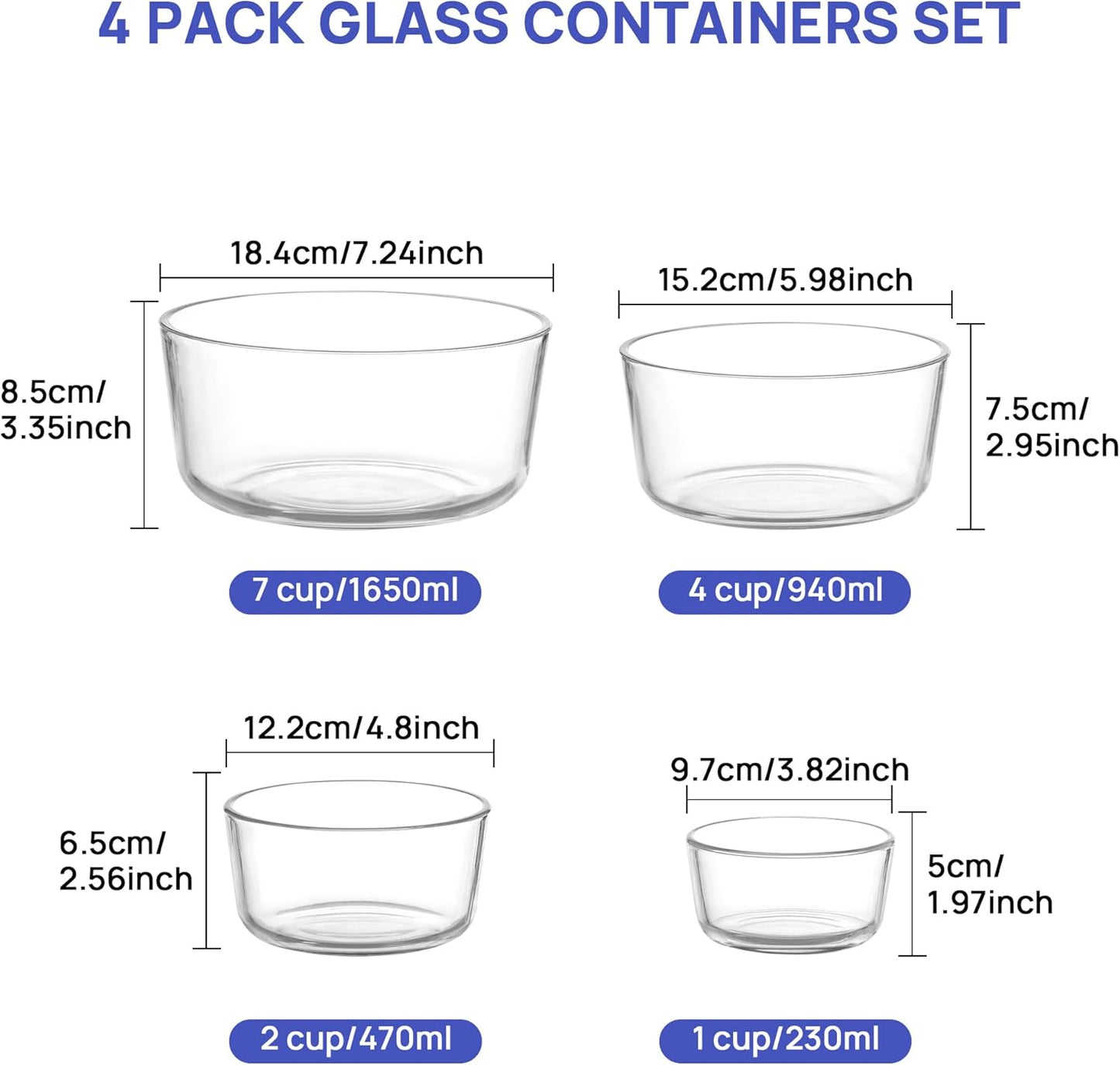 4 Pack Glass Bowls with Lids (1, 2, 4, 7 Cup), Food Storage Containers, Meal Prep and Leftovers Keeper, Lunch Container, Microwave, Dishwasher & Freezer Safe