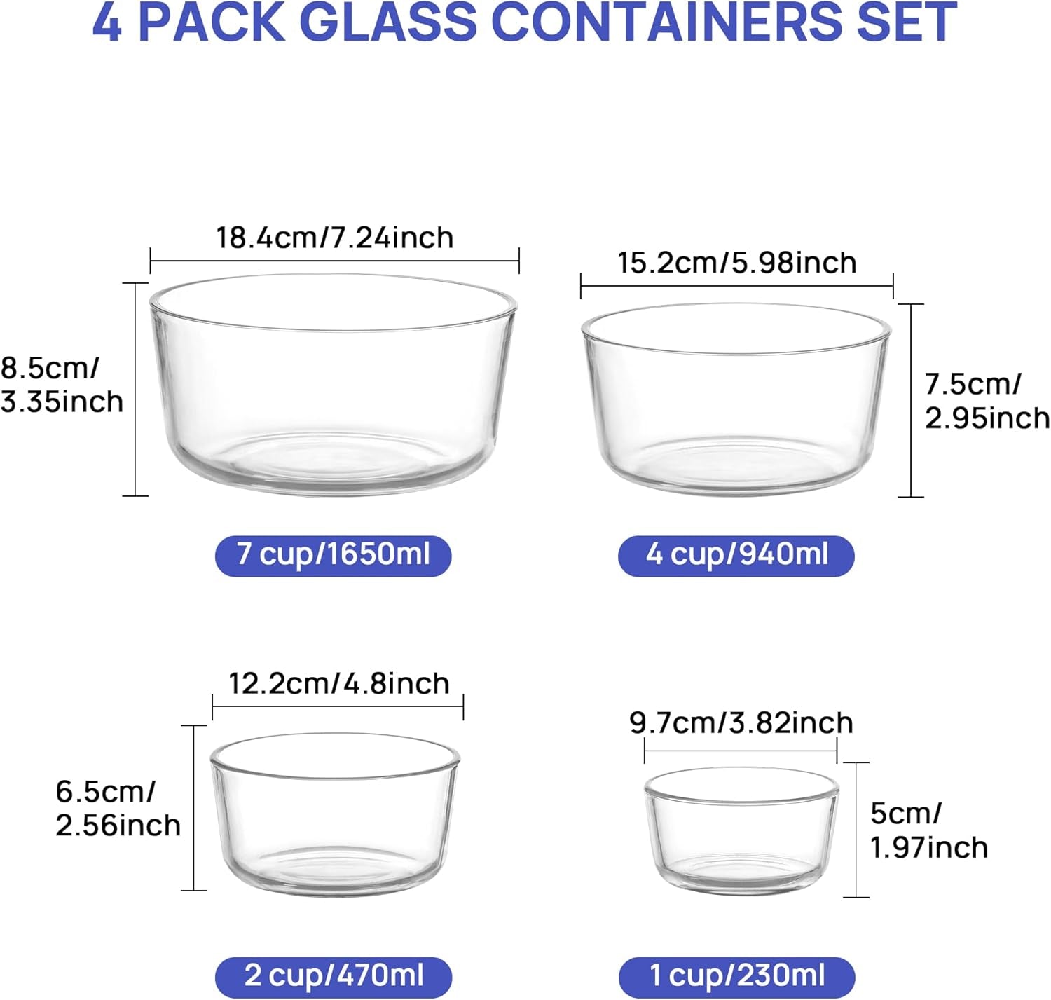 4 Pack Glass Bowls with Lids (1, 2, 4, 7 Cup), Food Storage Containers, Meal Prep and Leftovers Keeper, Lunch Container, Microwave, Dishwasher & Freezer Safe
